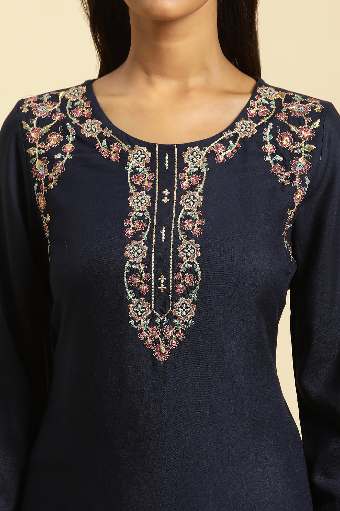 Blue Zari Straight Kurta and Parallel Pant Set - Image 3