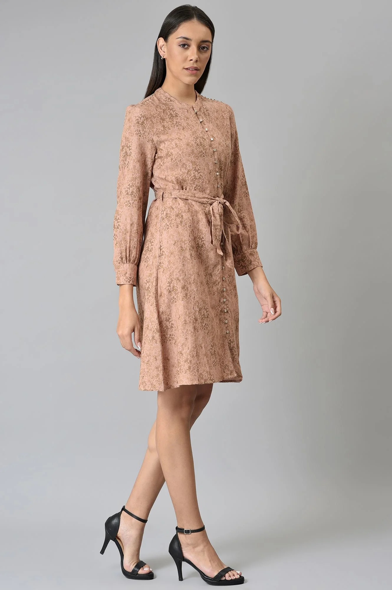 Blush Pink Cotton Textured Dress With Belt - Image 6