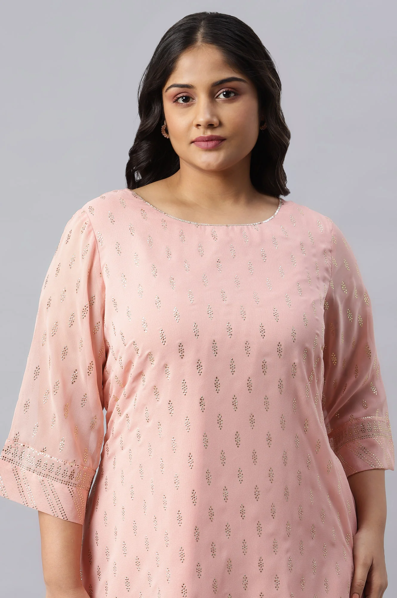 Blush Pink Golden Mukaish Print kurta With Salwar - Image 5