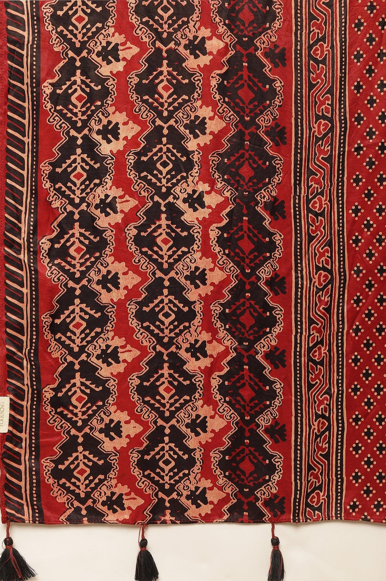 Brick Red Ajrakh Drape In Lustrous Satin - Image 6