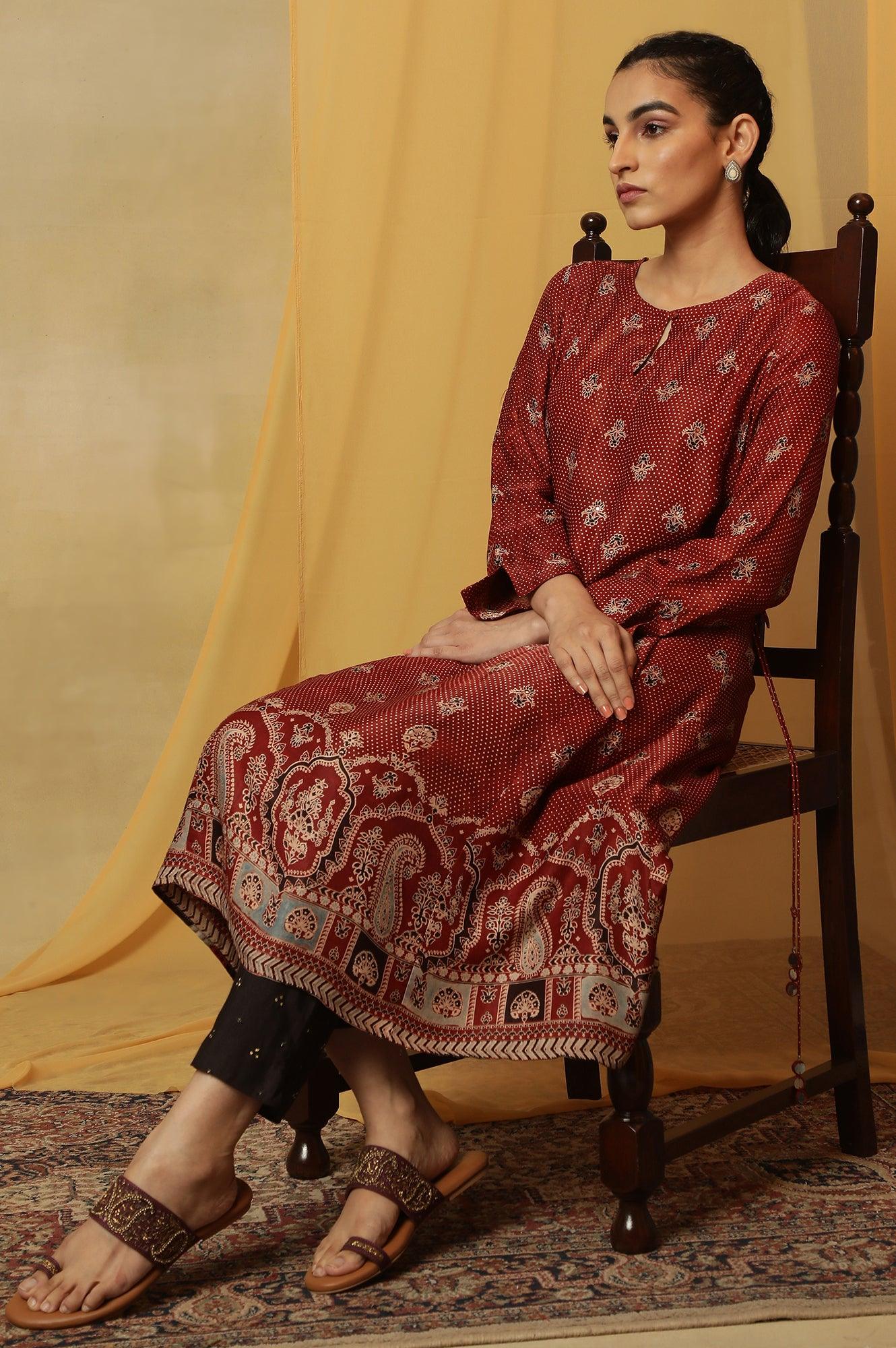 Brick Red Ajrakh Print Kurta In Lustrous Satin