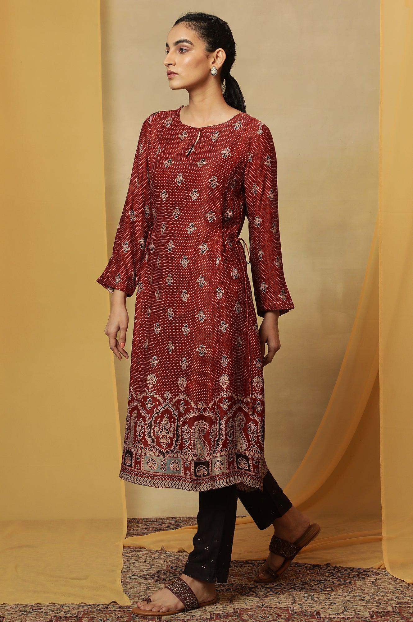 Brick Red Ajrakh Print Kurta In Lustrous Satin - Image 3