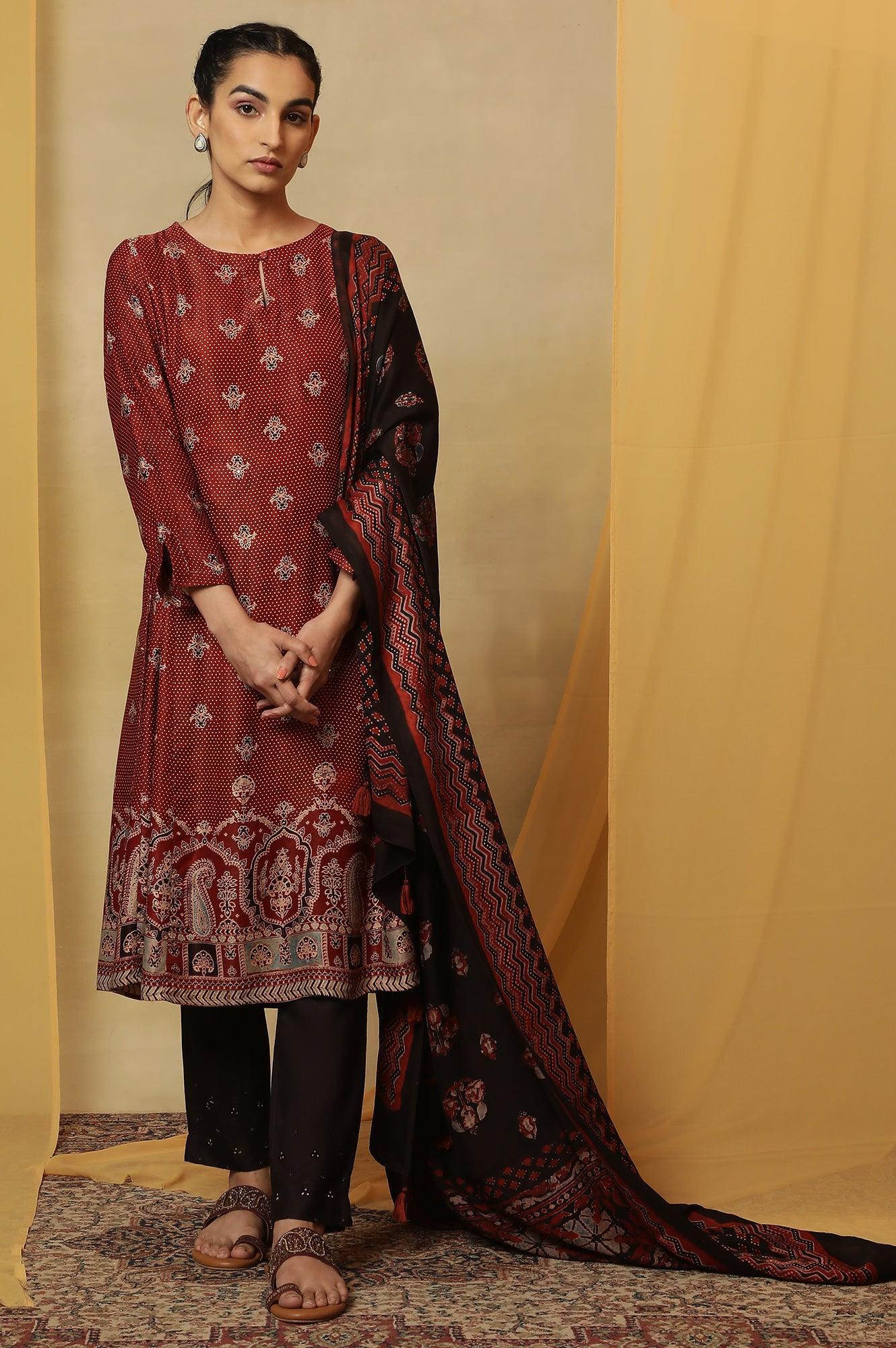 Brick Red Ajrakh Print Kurta In Lustrous Satin - Image 6