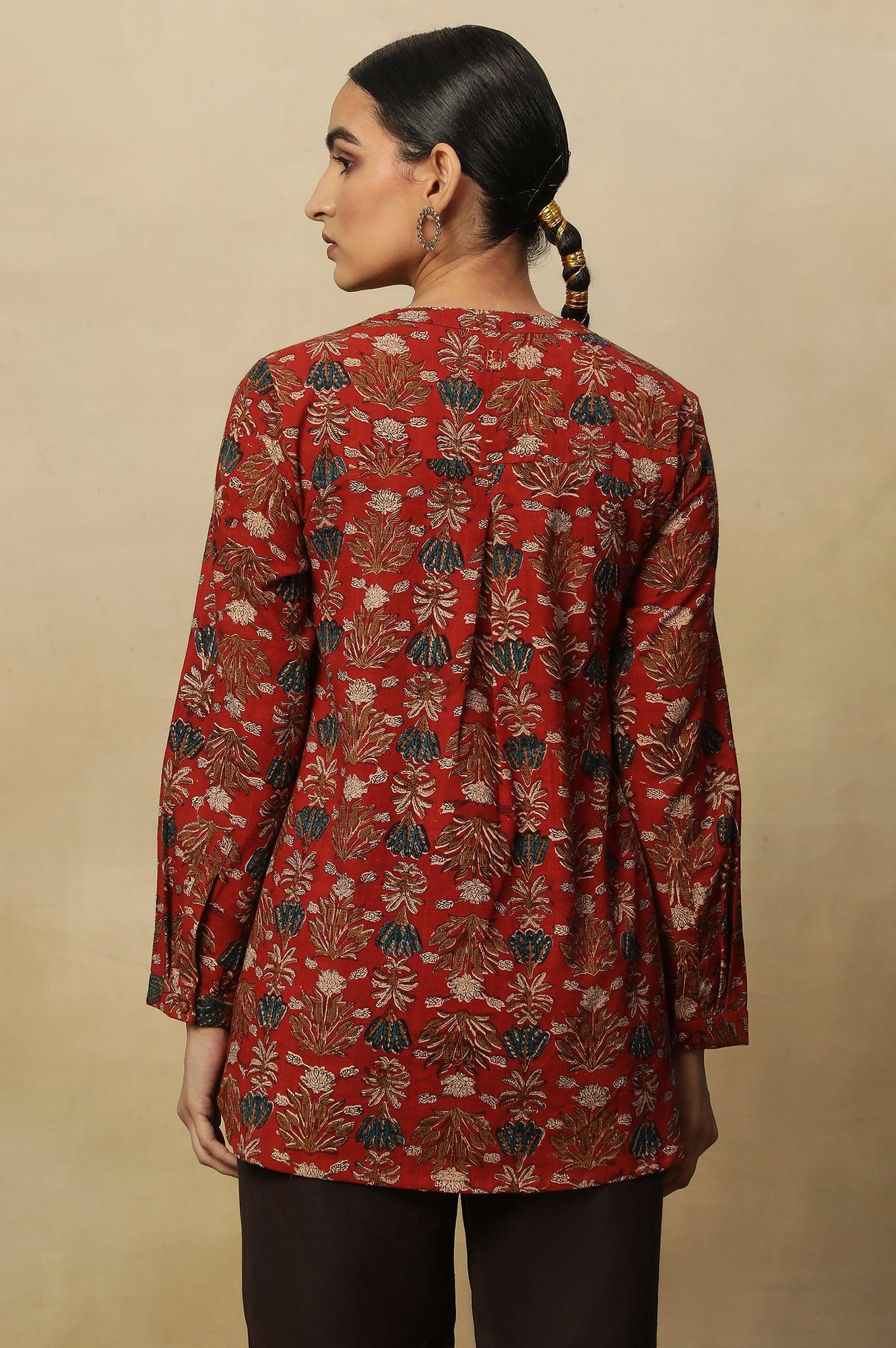 Brick Red Floral Block Print Kurta With Half Placket - Image 3