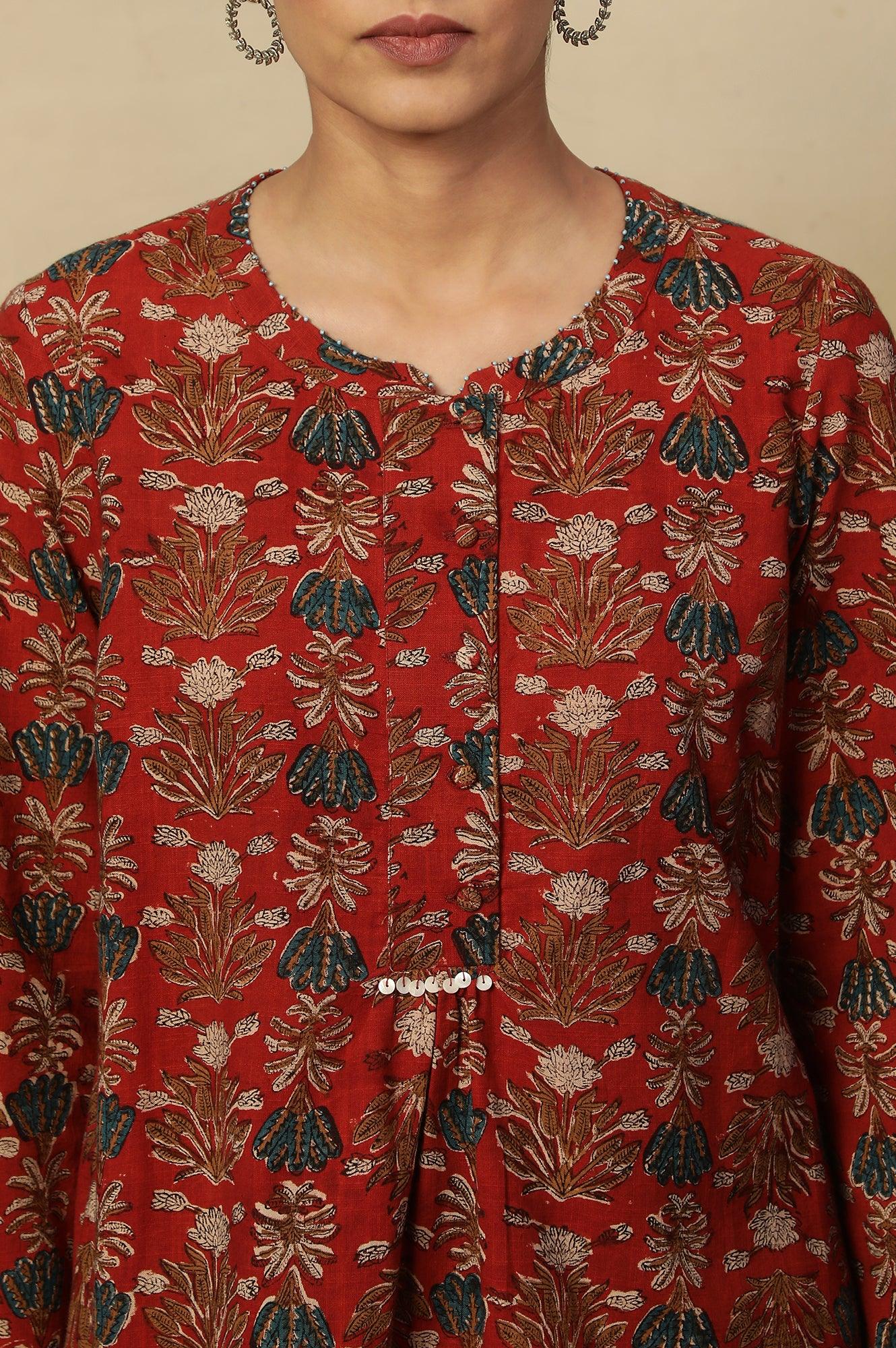 Brick Red Floral Block Print Kurta With Half Placket - Image 6