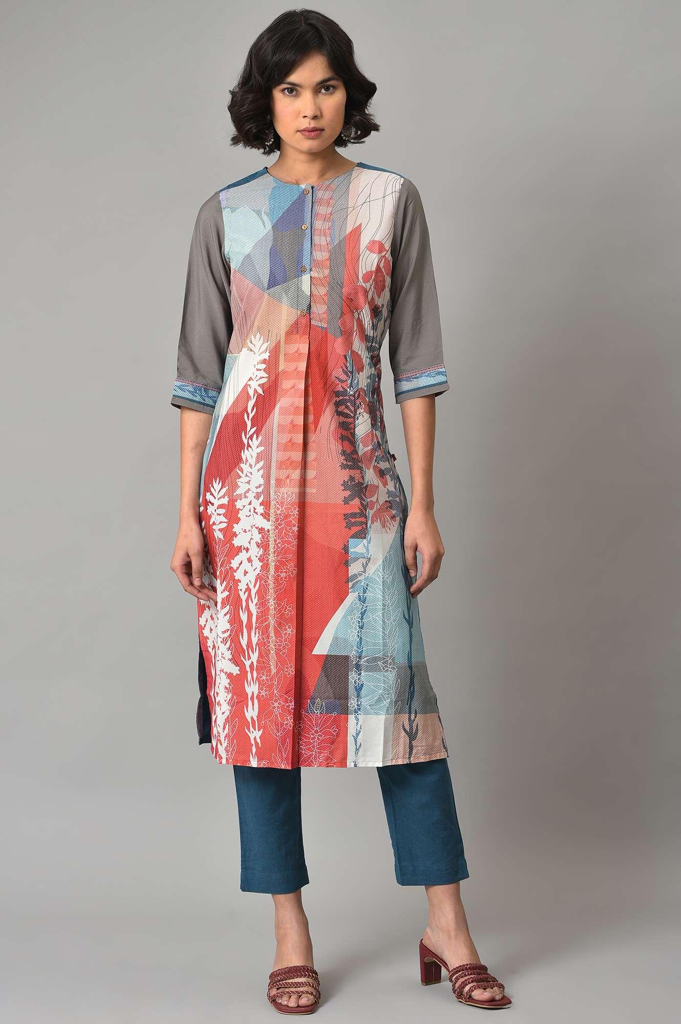 Bright Multi-Coloured A-Line kurta With Blue Slim Pants