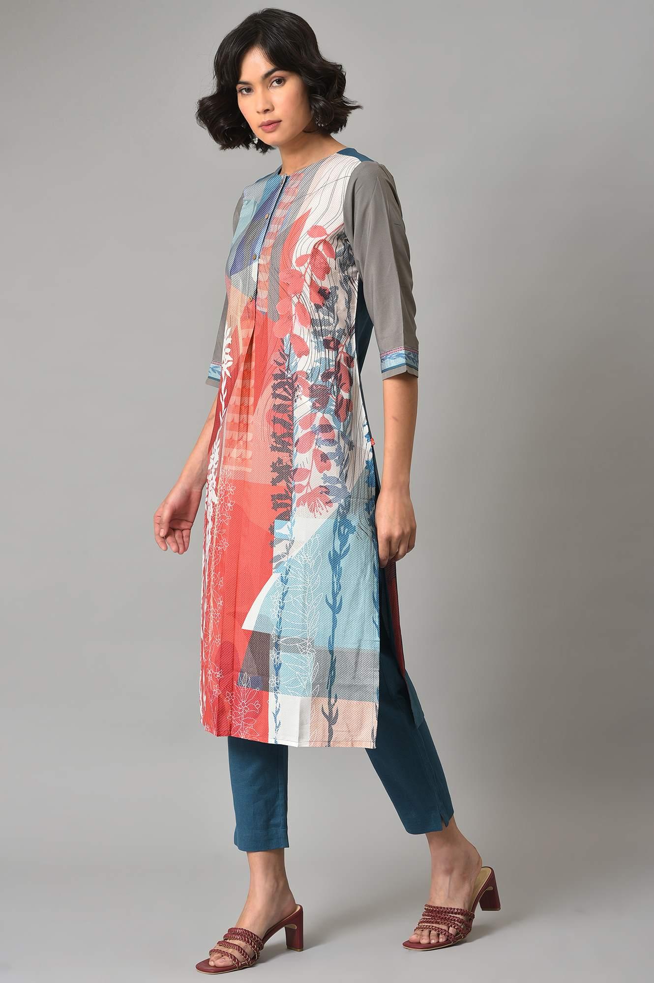 Bright Multi-Coloured A-Line kurta With Blue Slim Pants - Image 3