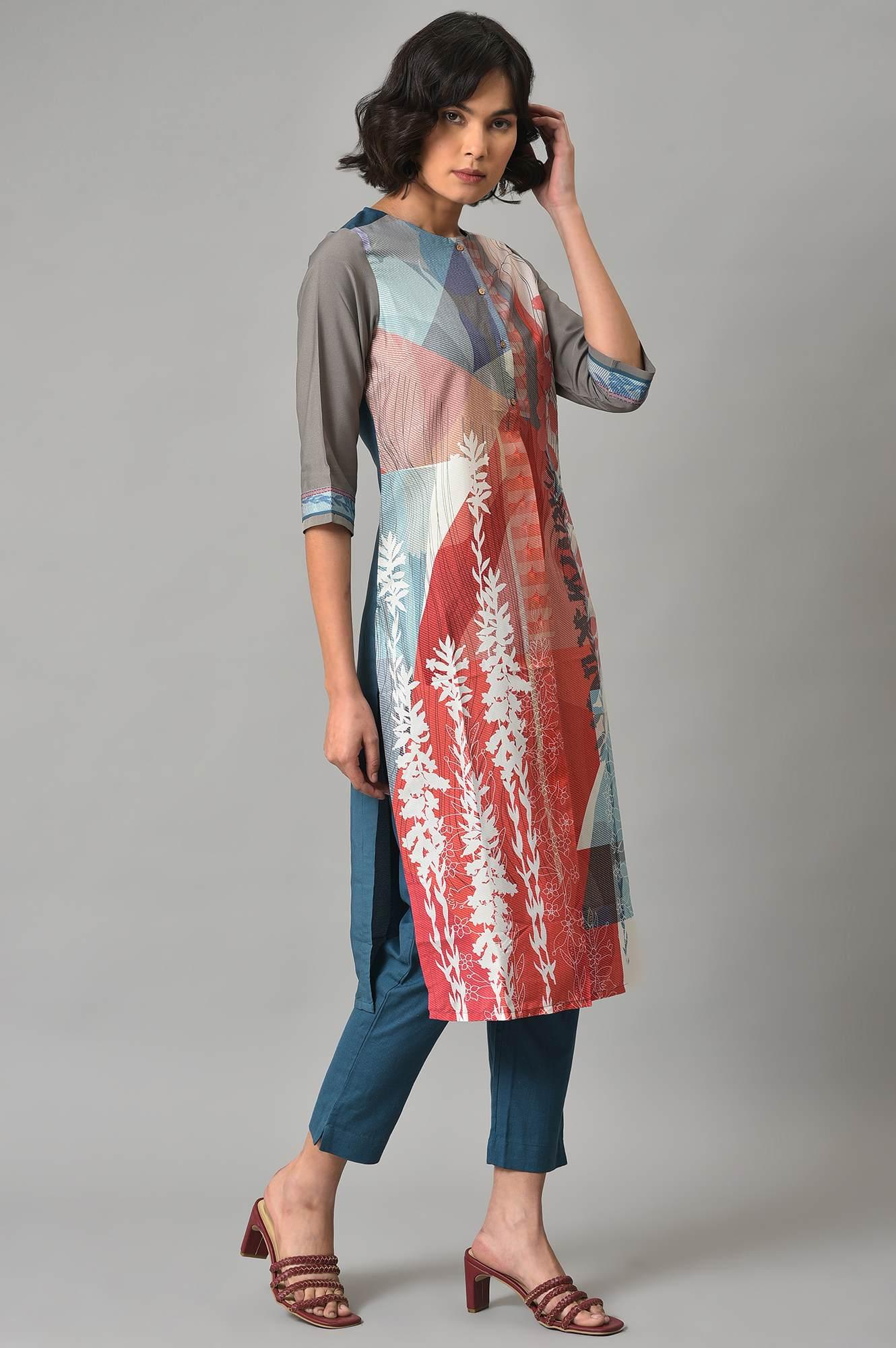 Bright Multi-Coloured A-Line kurta With Blue Slim Pants - Image 4