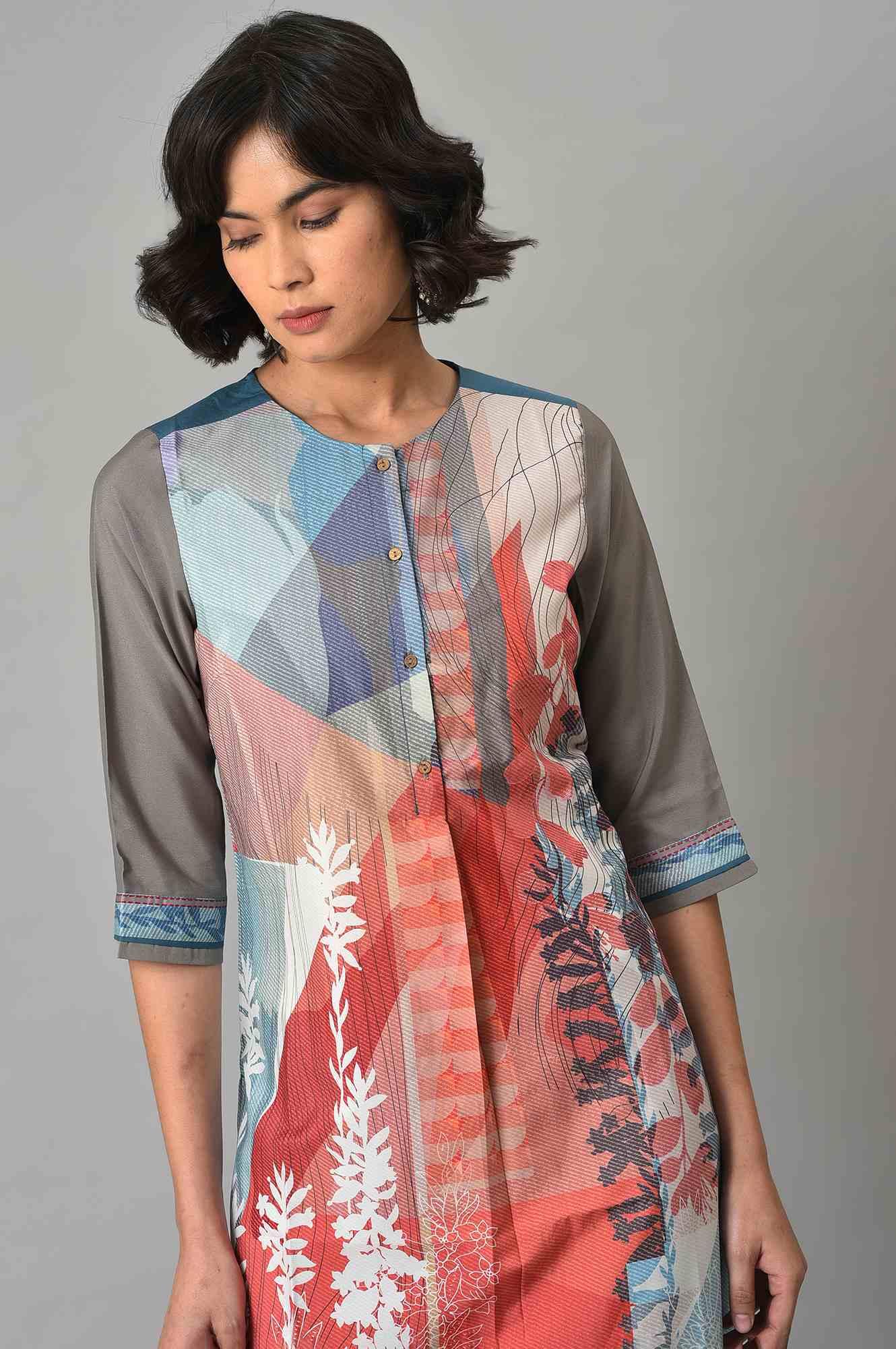 Bright Multi-Coloured A-Line kurta With Blue Slim Pants - Image 5