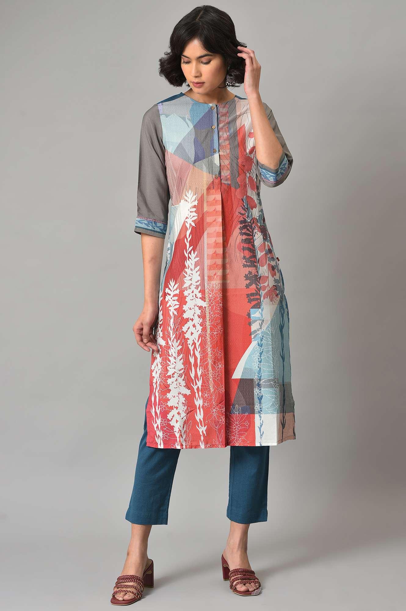 Bright Multi-Coloured A-Line kurta With Blue Slim Pants - Image 8