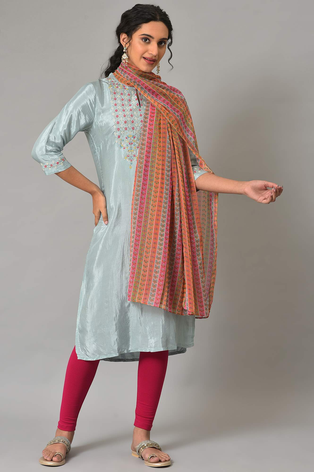 Bright Multicoloures Chiffon Stripe Print Dupatta - Image 3