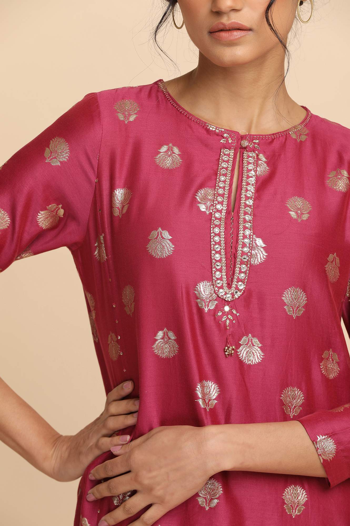 Bright Pink Jacquard kurta in Cotton Silk - Image 12