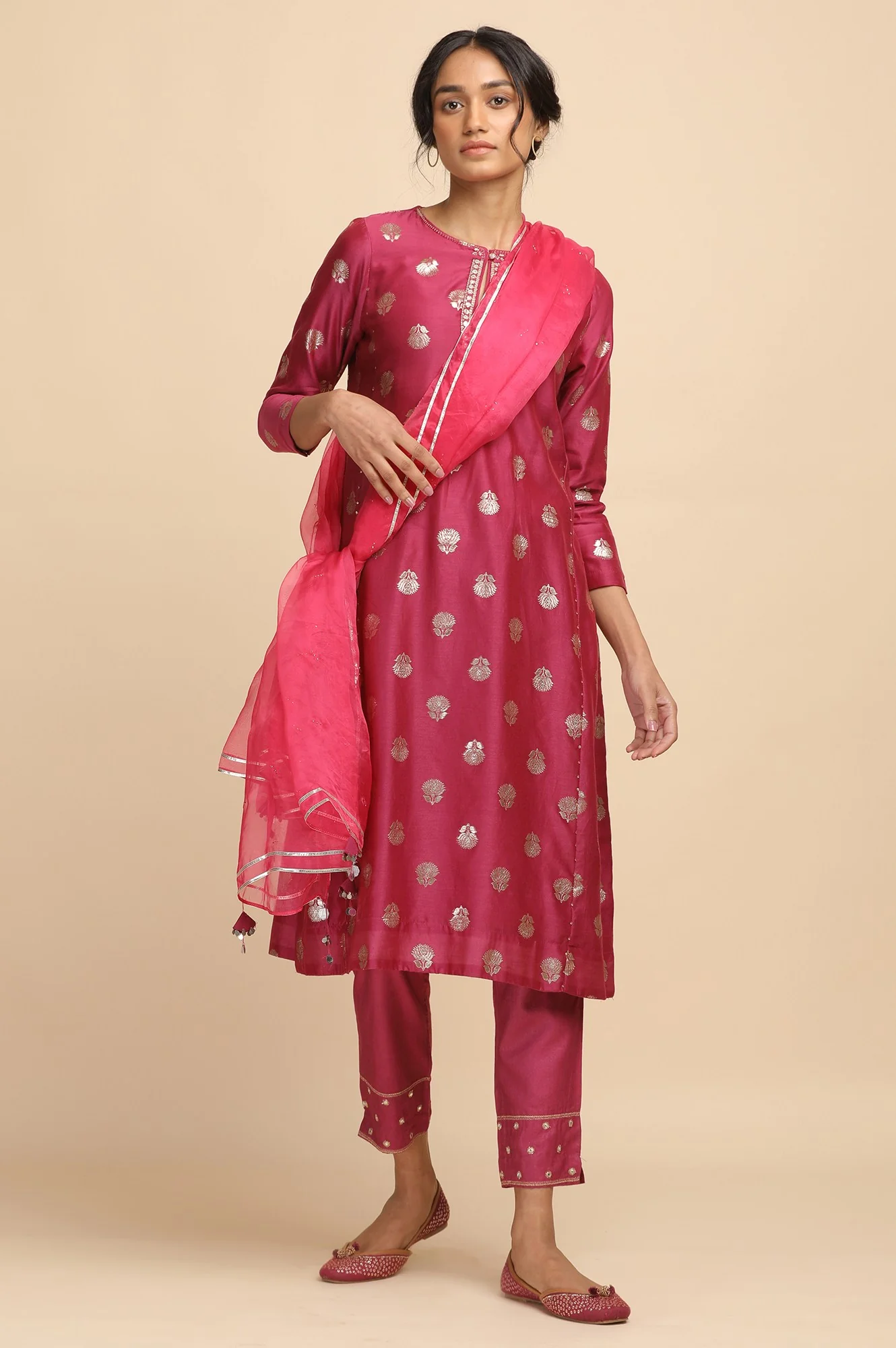 Bright Pink Jacquard kurta in Cotton Silk - Image 5