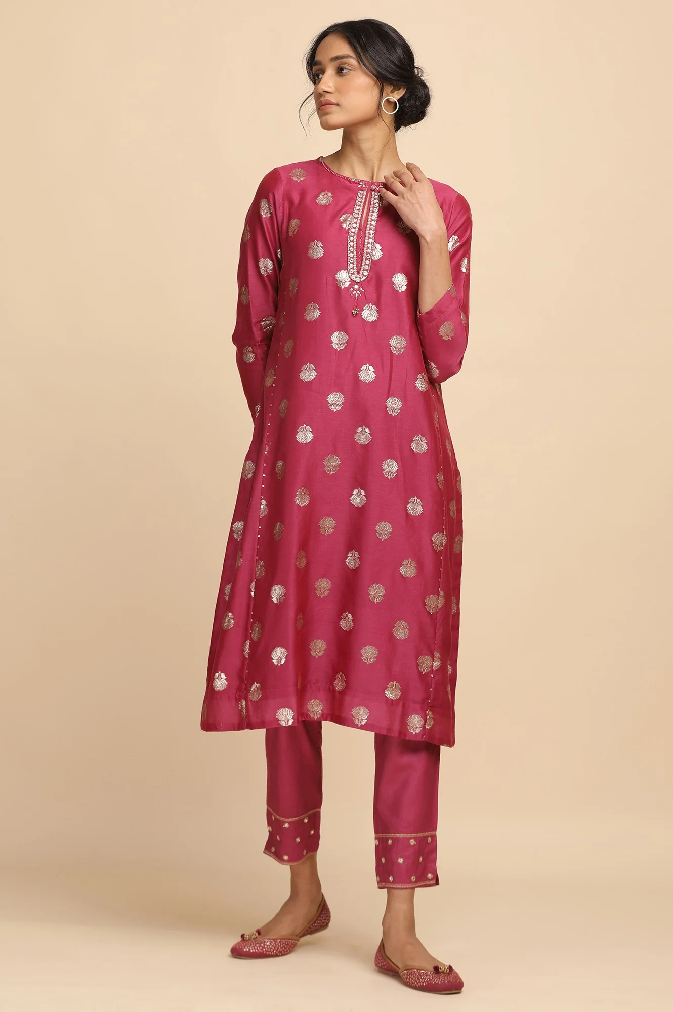Bright Pink Jacquard kurta in Cotton Silk - Image 7