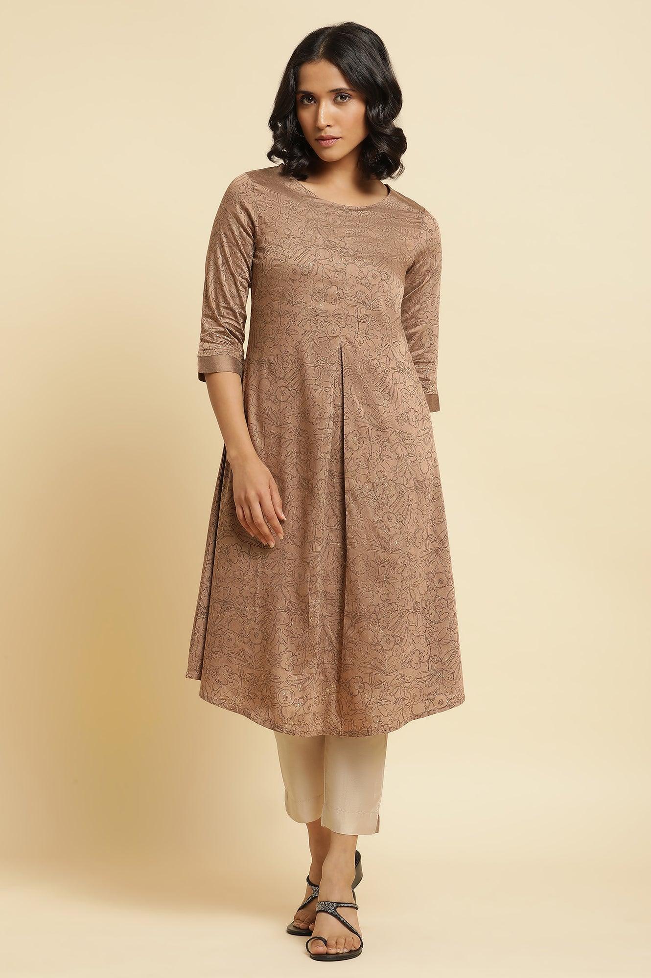 Brown A-Line Printed Kurta & Slim Pants Set - Image 2