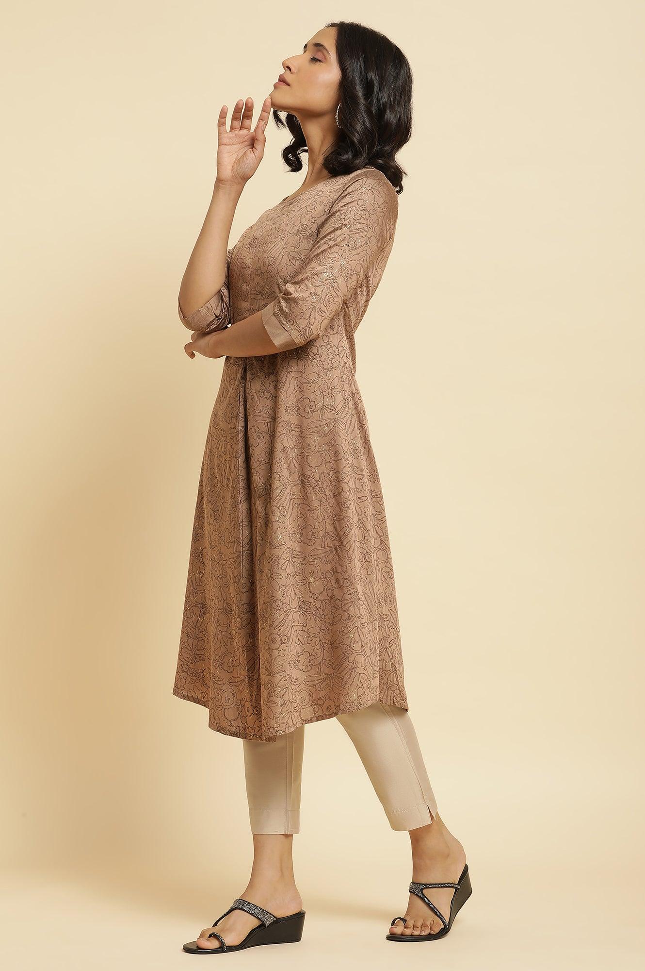 Brown A-Line Printed Kurta & Slim Pants Set - Image 3