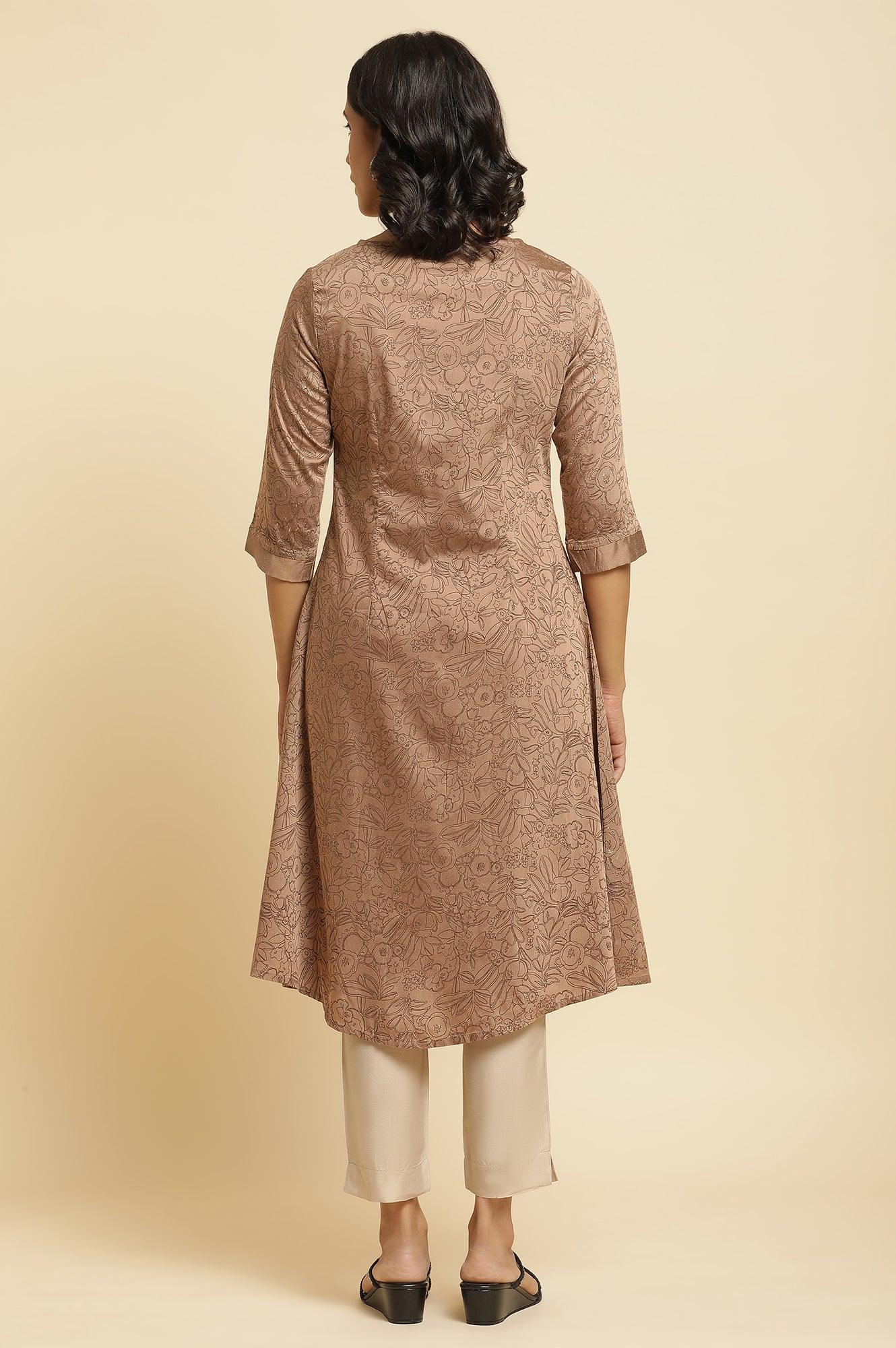 Brown A-Line Printed Kurta & Slim Pants Set - Image 4