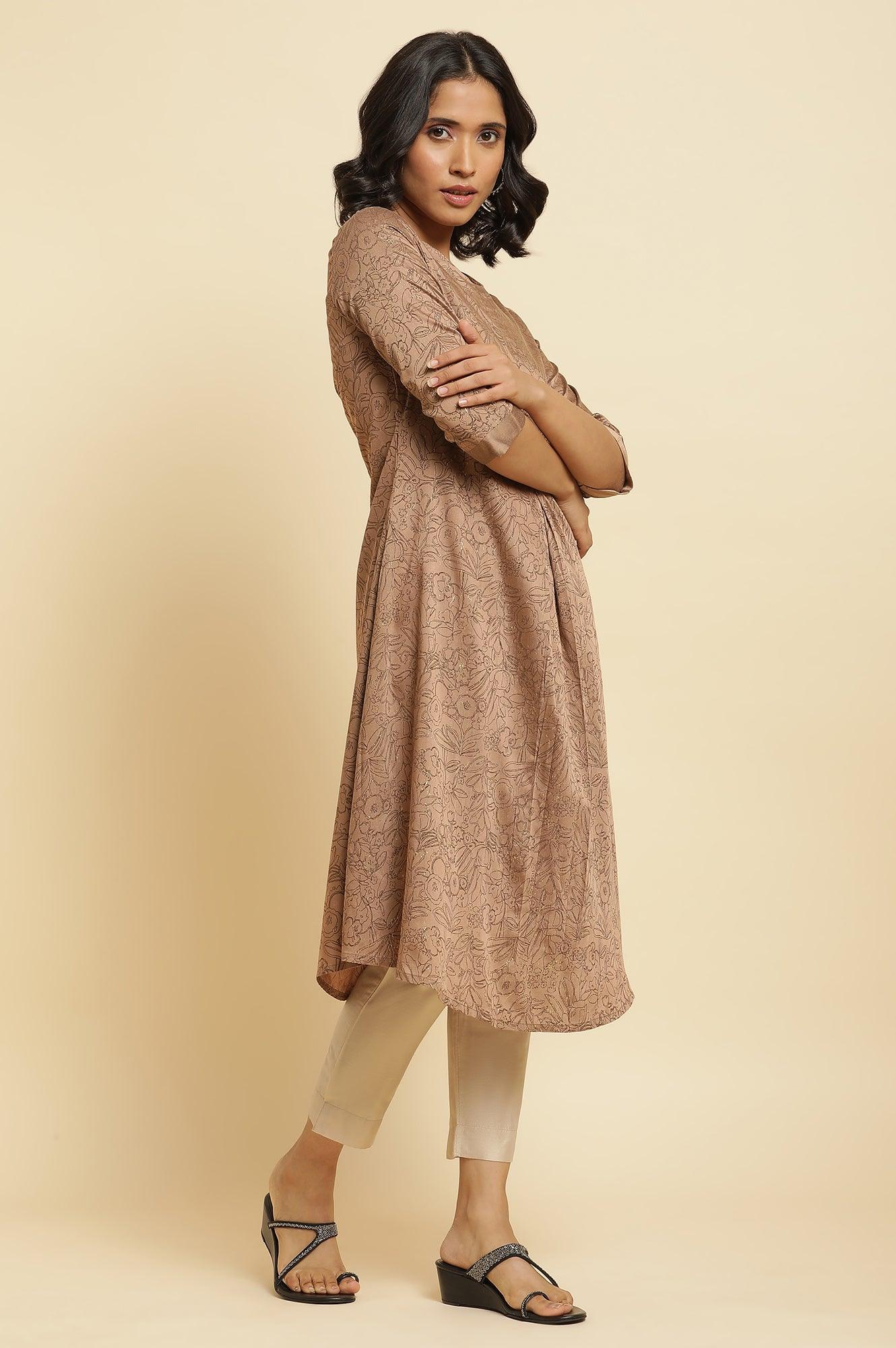Brown A-Line Printed Kurta & Slim Pants Set - Image 5