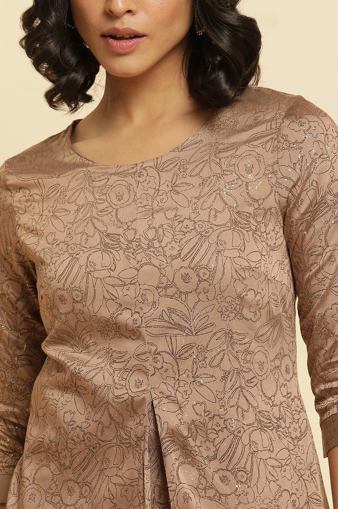 Brown A-Line Printed Kurta & Slim Pants Set - Image 6