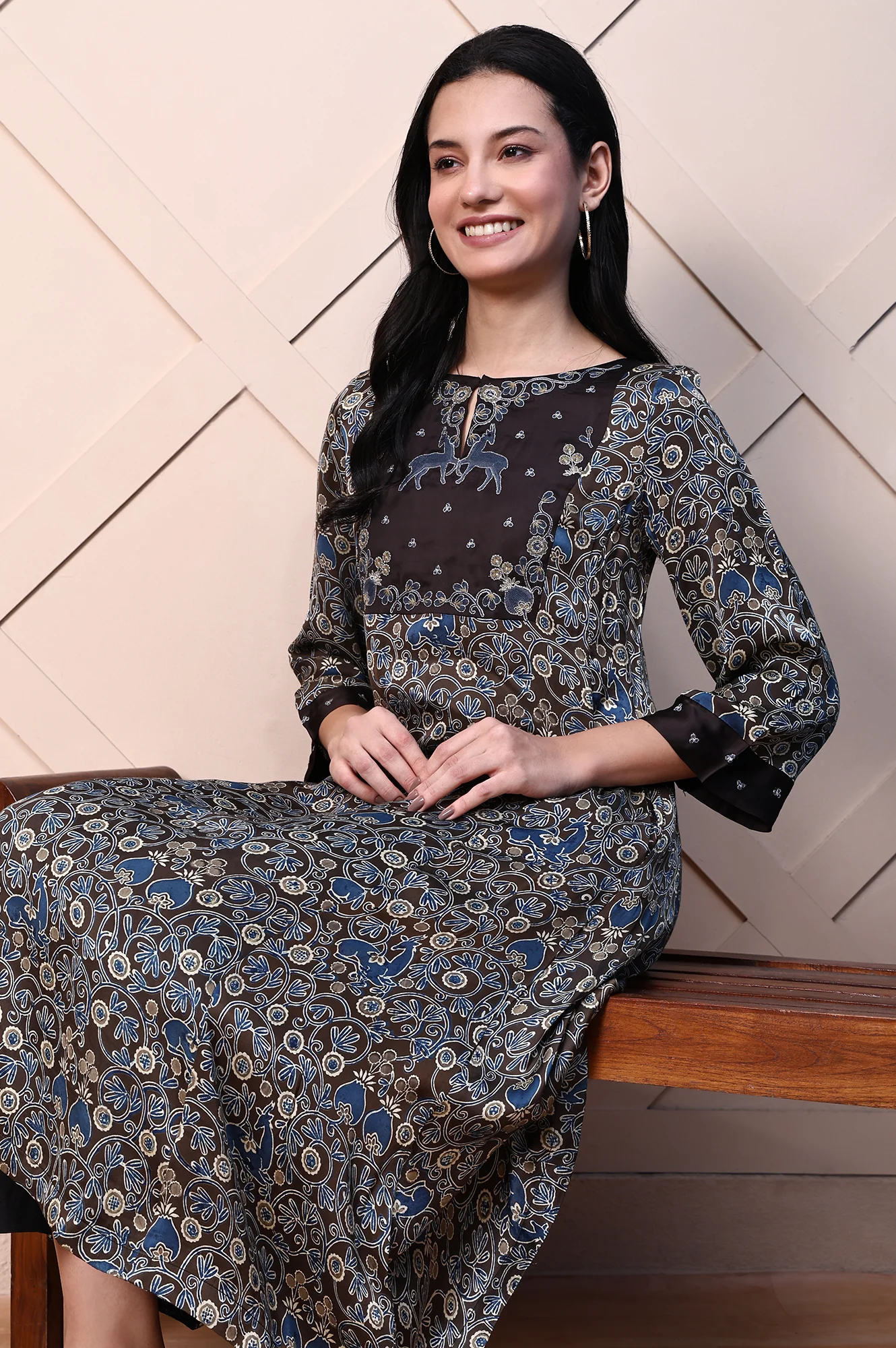 Brown Ajrak Printed Embroidered Modal Satin Flared Kurta - Image 2