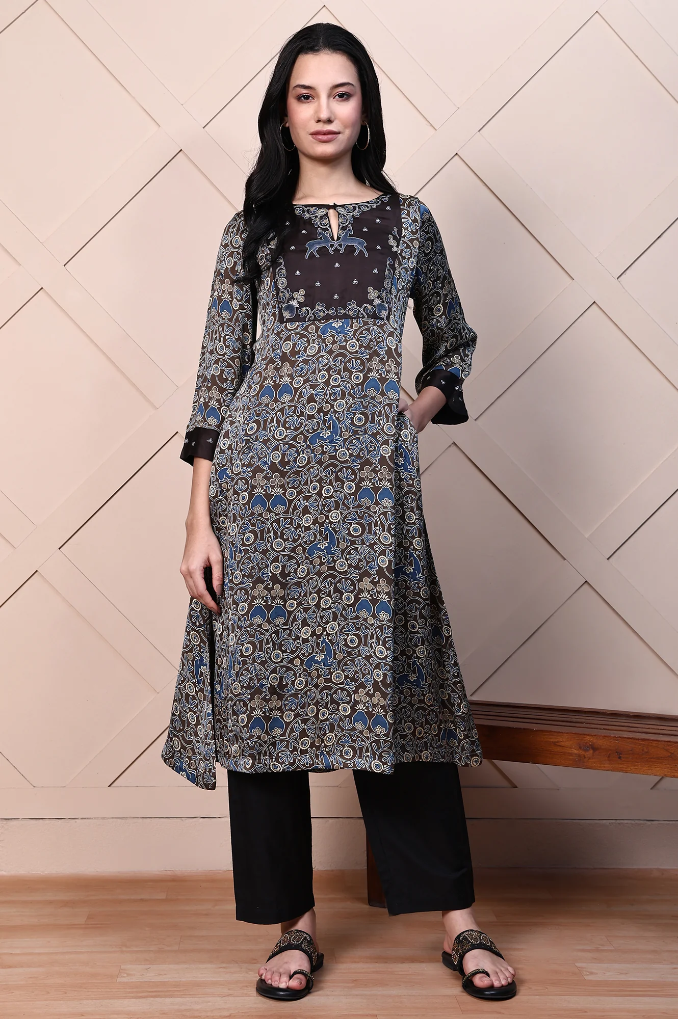 Brown Ajrak Printed Embroidered Modal Satin Flared Kurta - Image 3