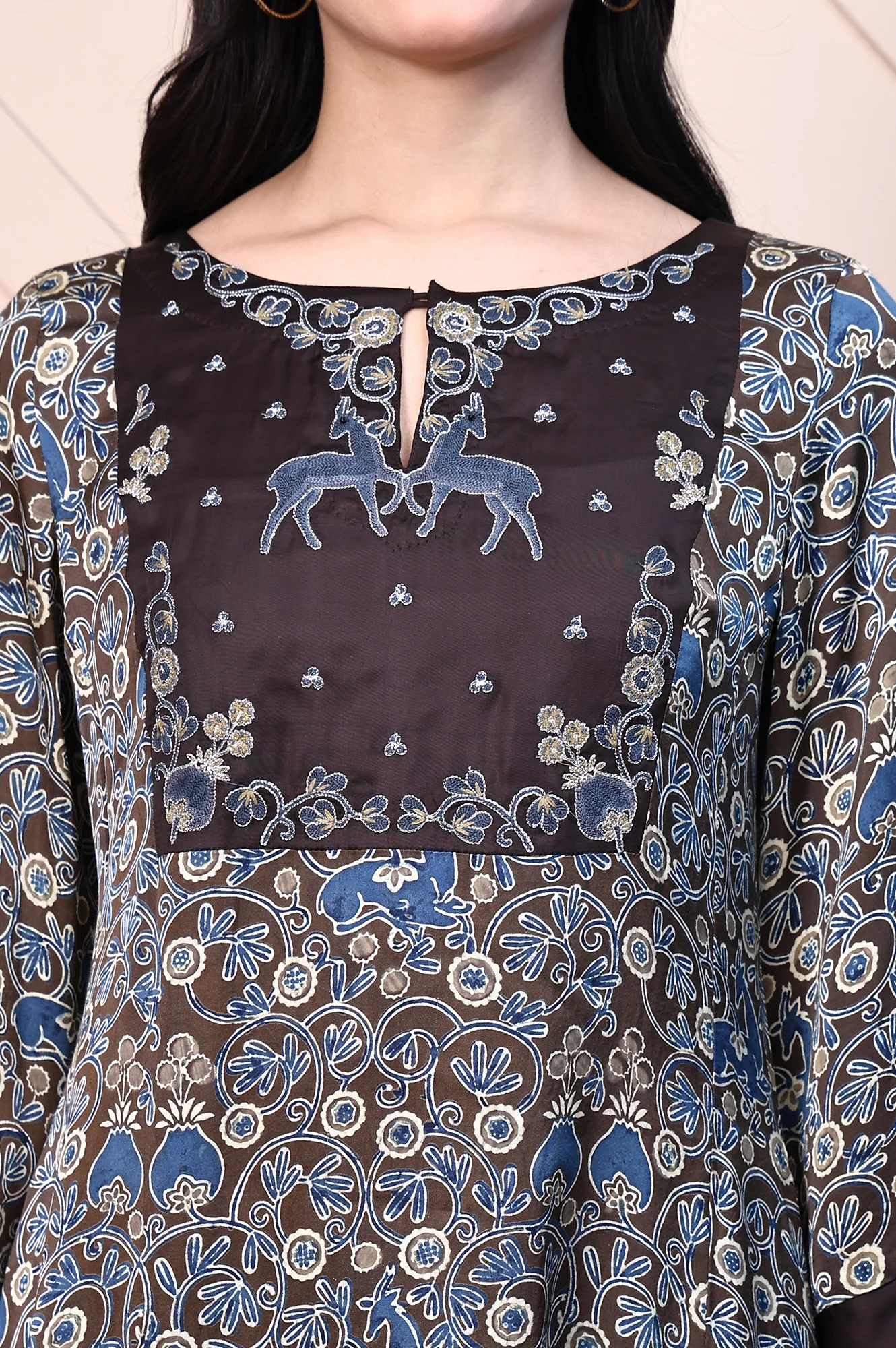 Brown Ajrak Printed Embroidered Modal Satin Flared Kurta - Image 4