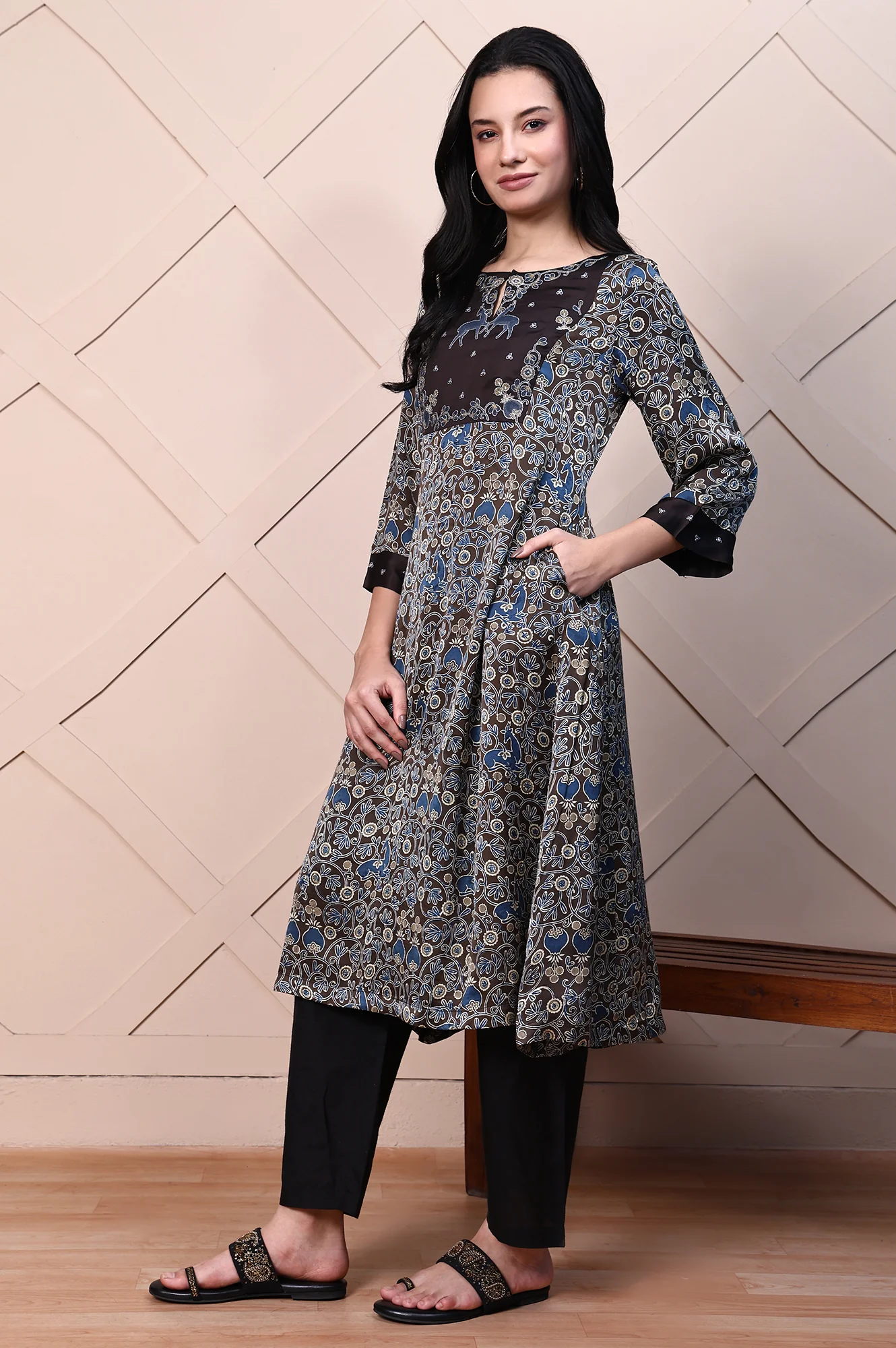 Brown Ajrak Printed Embroidered Modal Satin Flared Kurta - Image 5