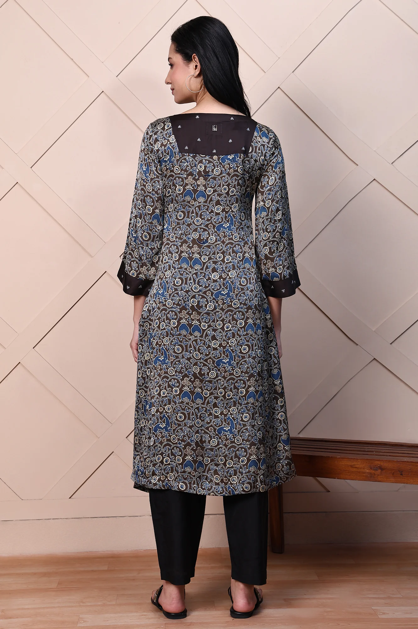 Brown Ajrak Printed Embroidered Modal Satin Flared Kurta - Image 6
