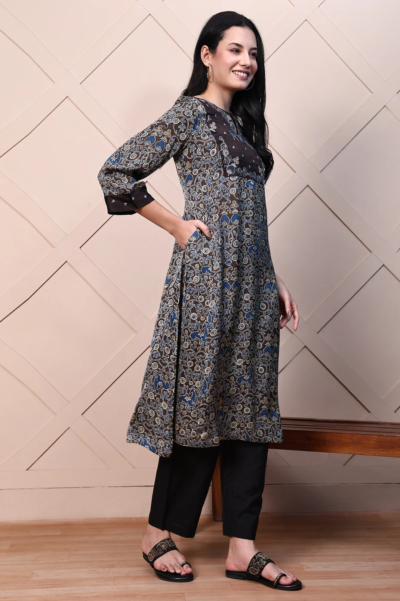 Brown Ajrak Printed Embroidered Modal Satin Flared Kurta - Image 7