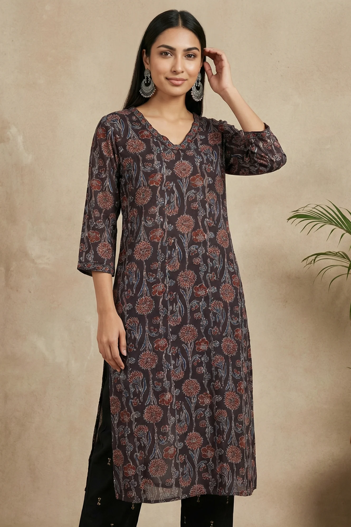 Brown Block Printed Sequins Satin Straight Kurta - Image 3