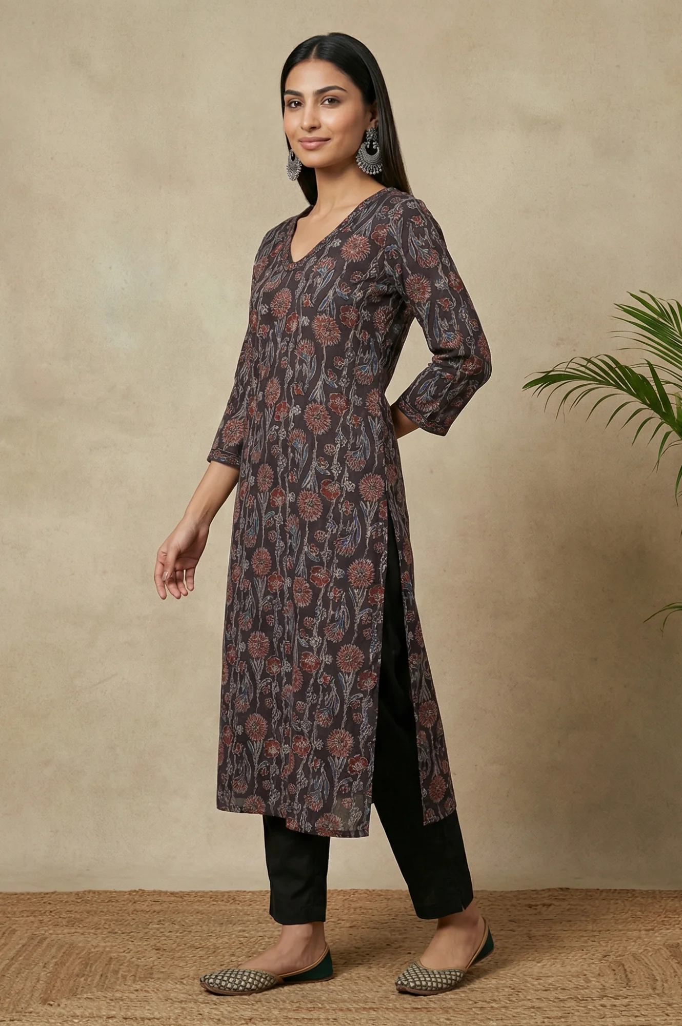 Brown Block Printed Sequins Satin Straight Kurta - Image 4