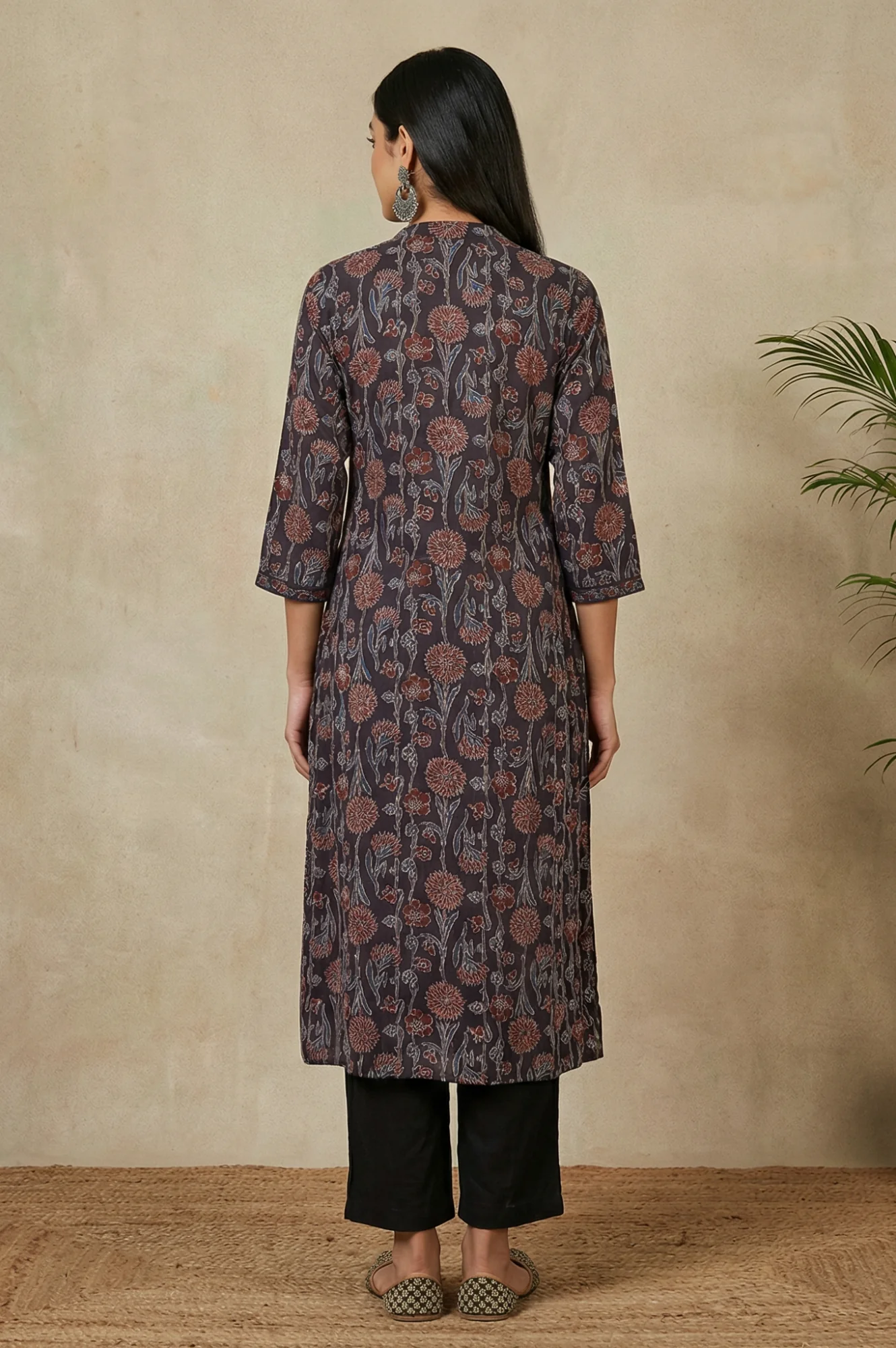 Brown Block Printed Sequins Satin Straight Kurta - Image 5