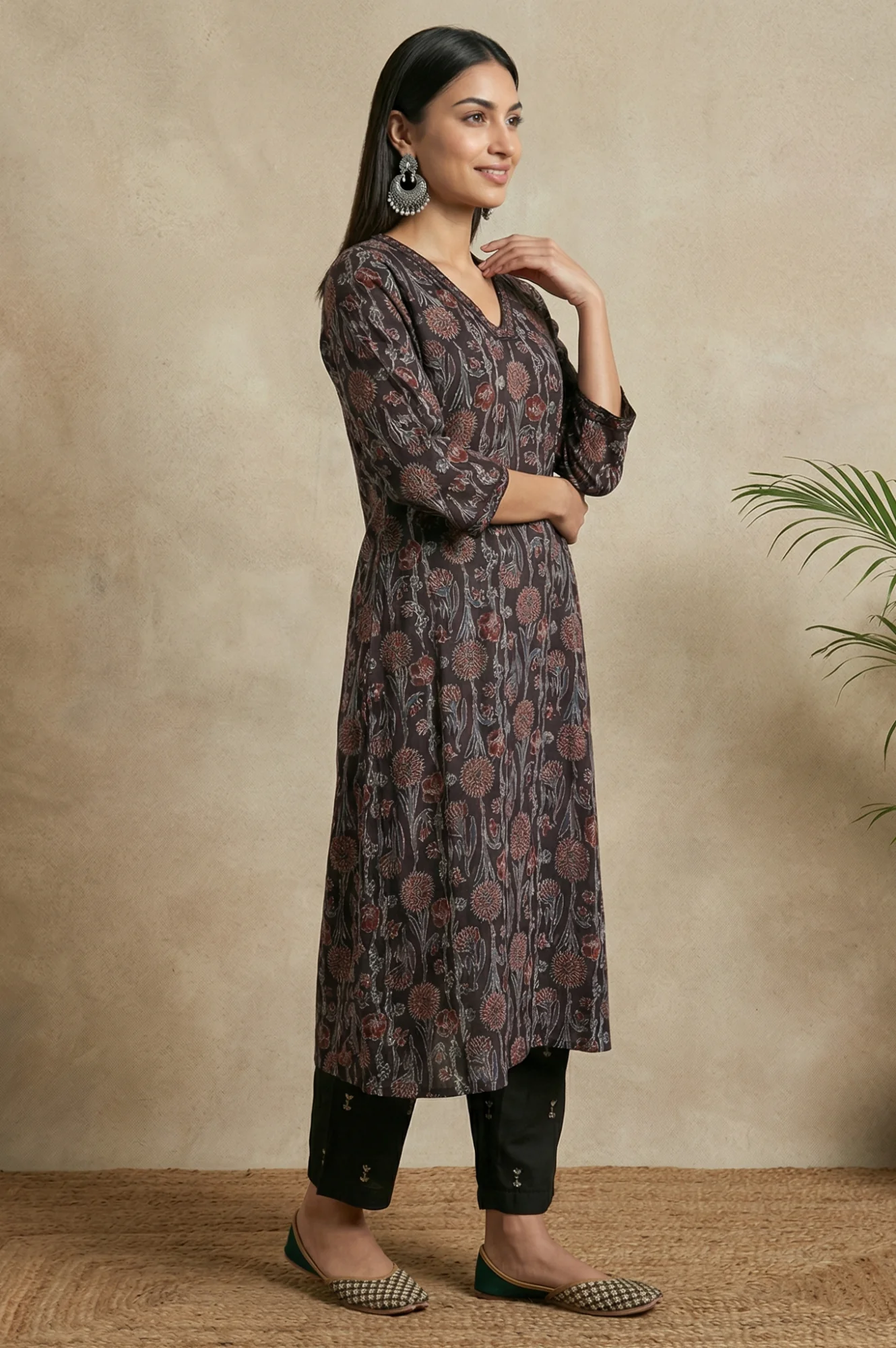 Brown Block Printed Sequins Satin Straight Kurta - Image 6