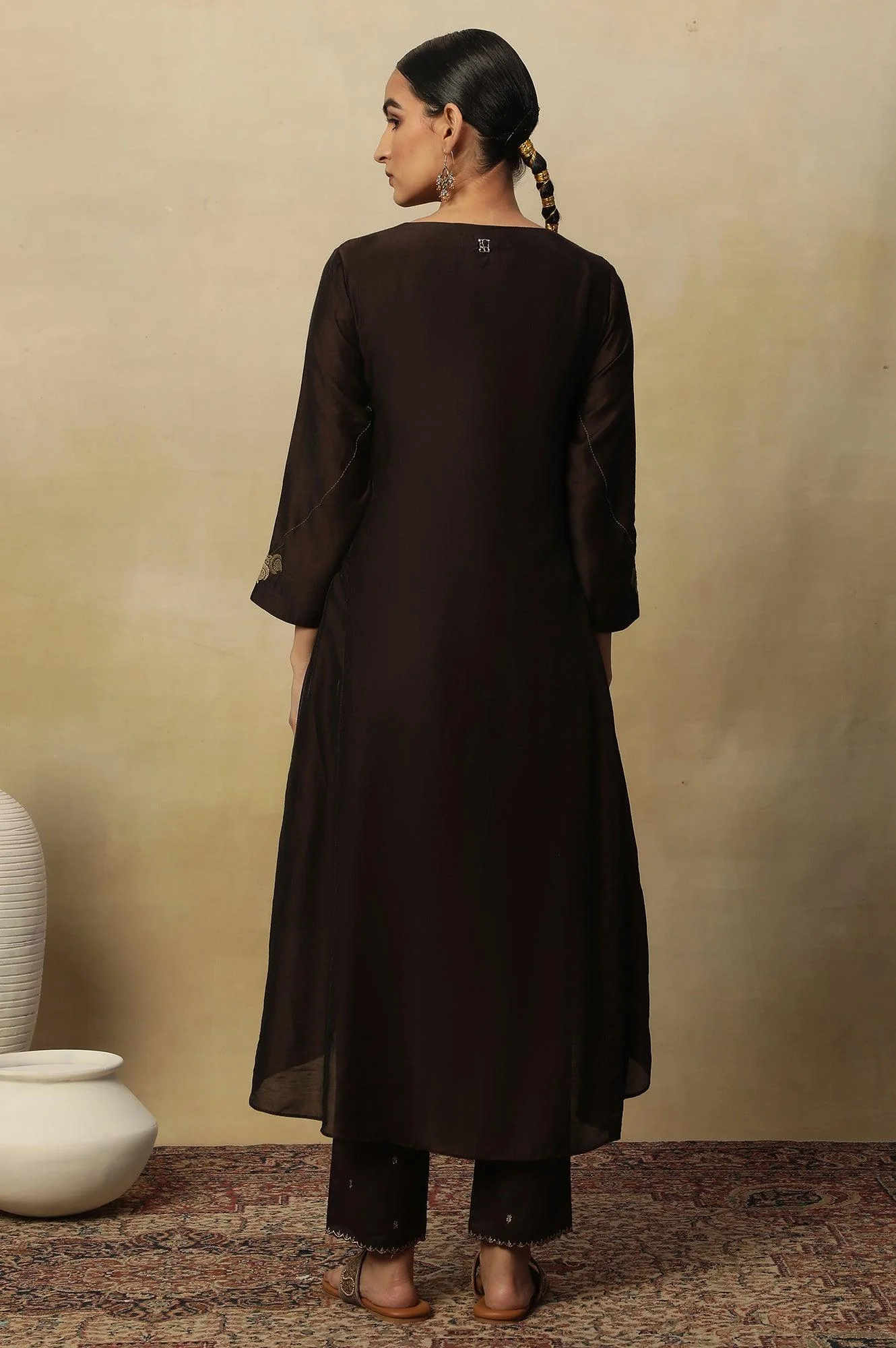 Brown Embroidered Kurta In Chanderi - Image 4