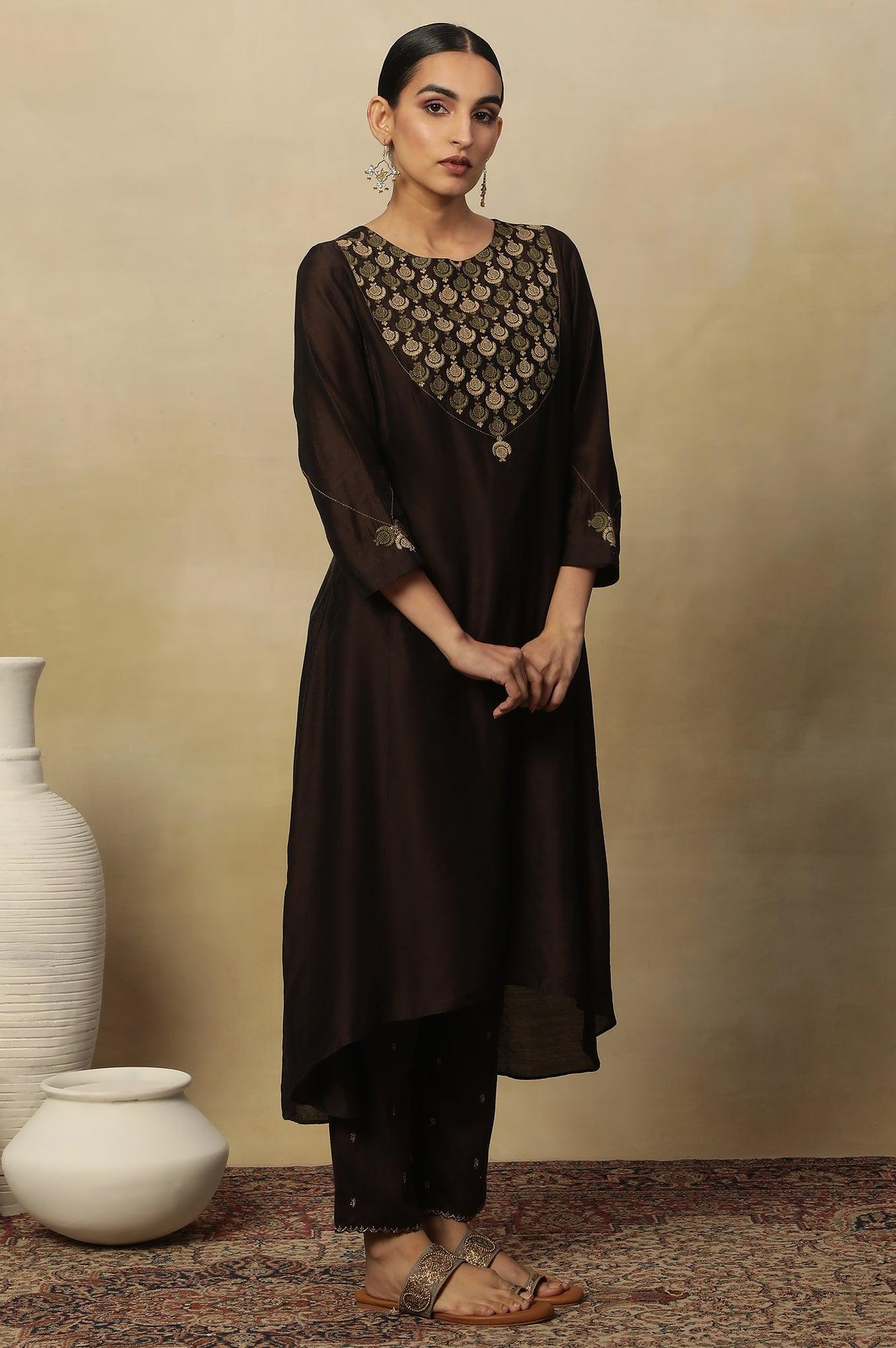 Brown Embroidered Kurta In Chanderi - Image 5