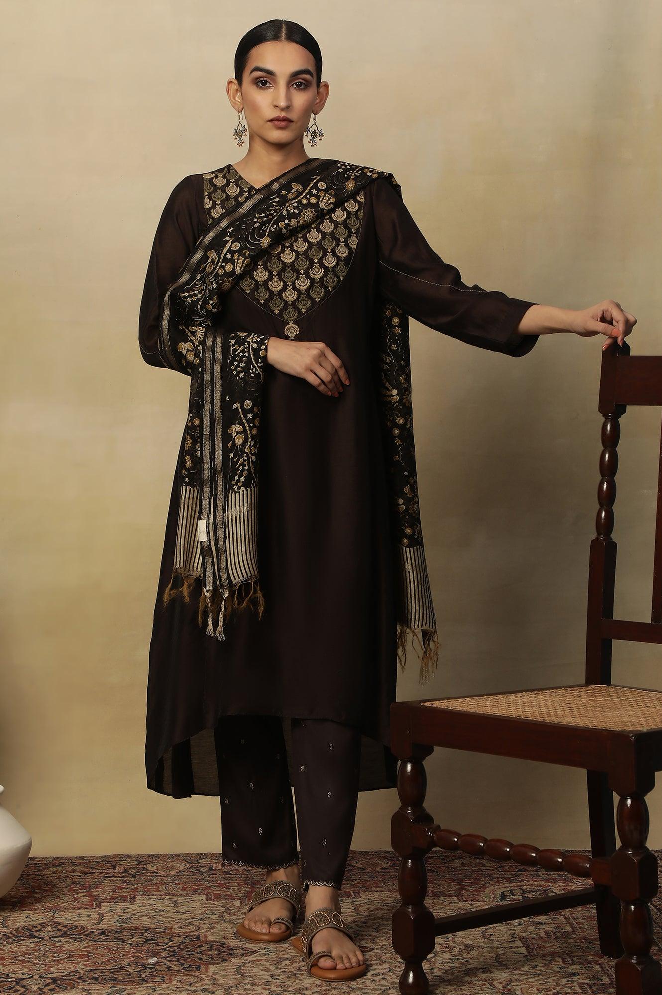 Brown Embroidered Kurta In Chanderi - Image 6