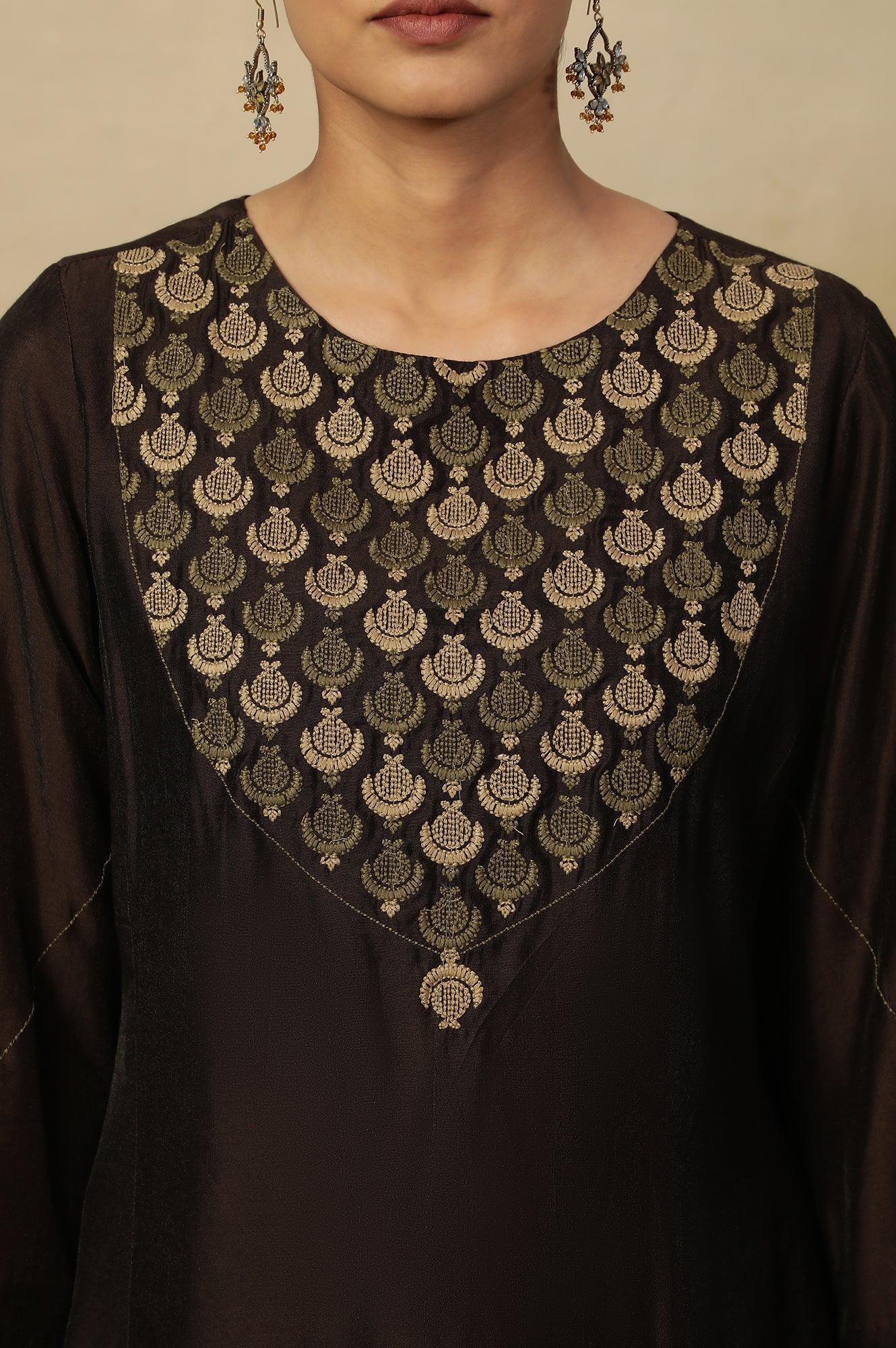 Brown Embroidered Kurta In Chanderi - Image 7