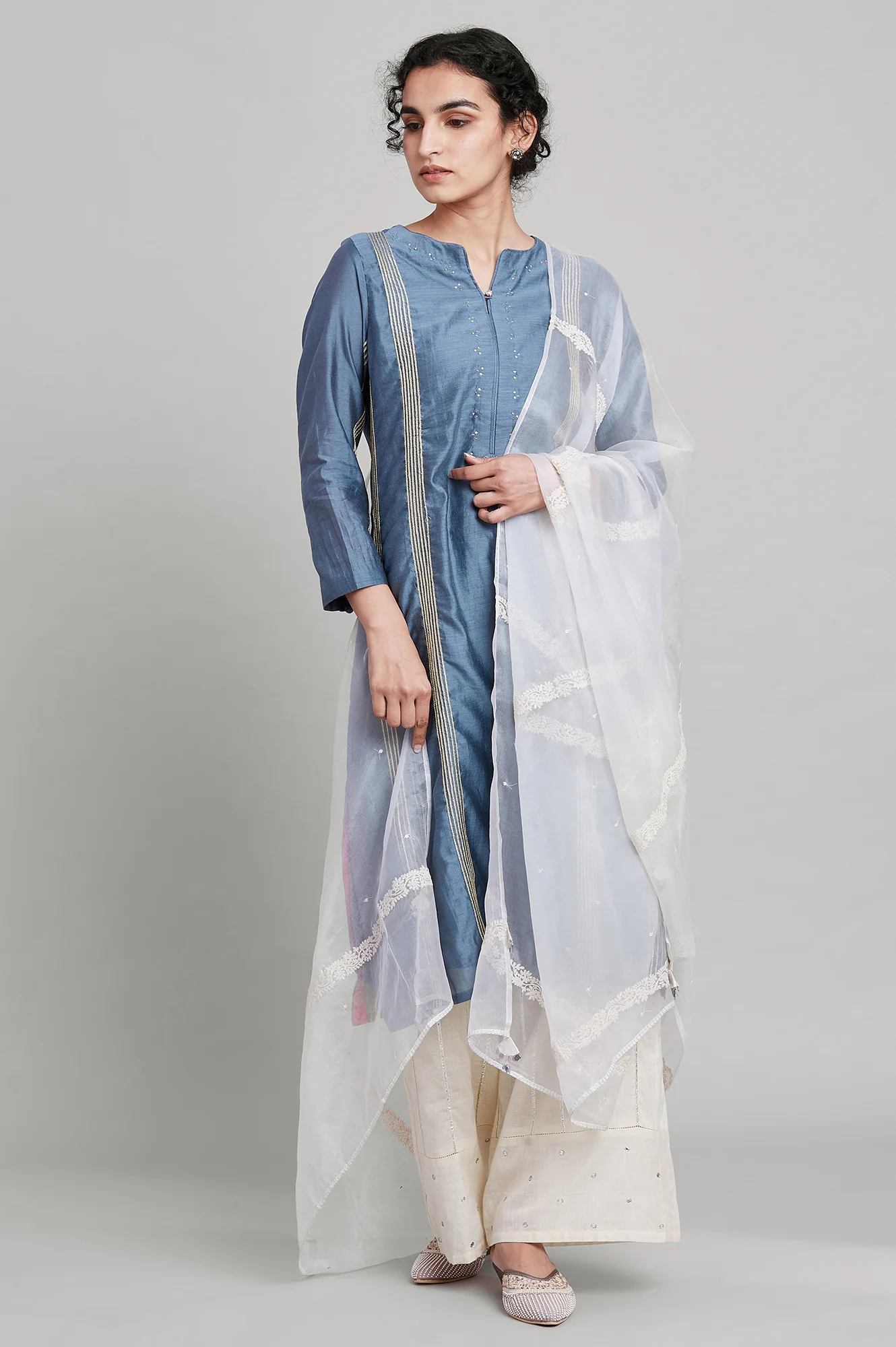 Brown Embroidered Organza Dupatta - Image 3