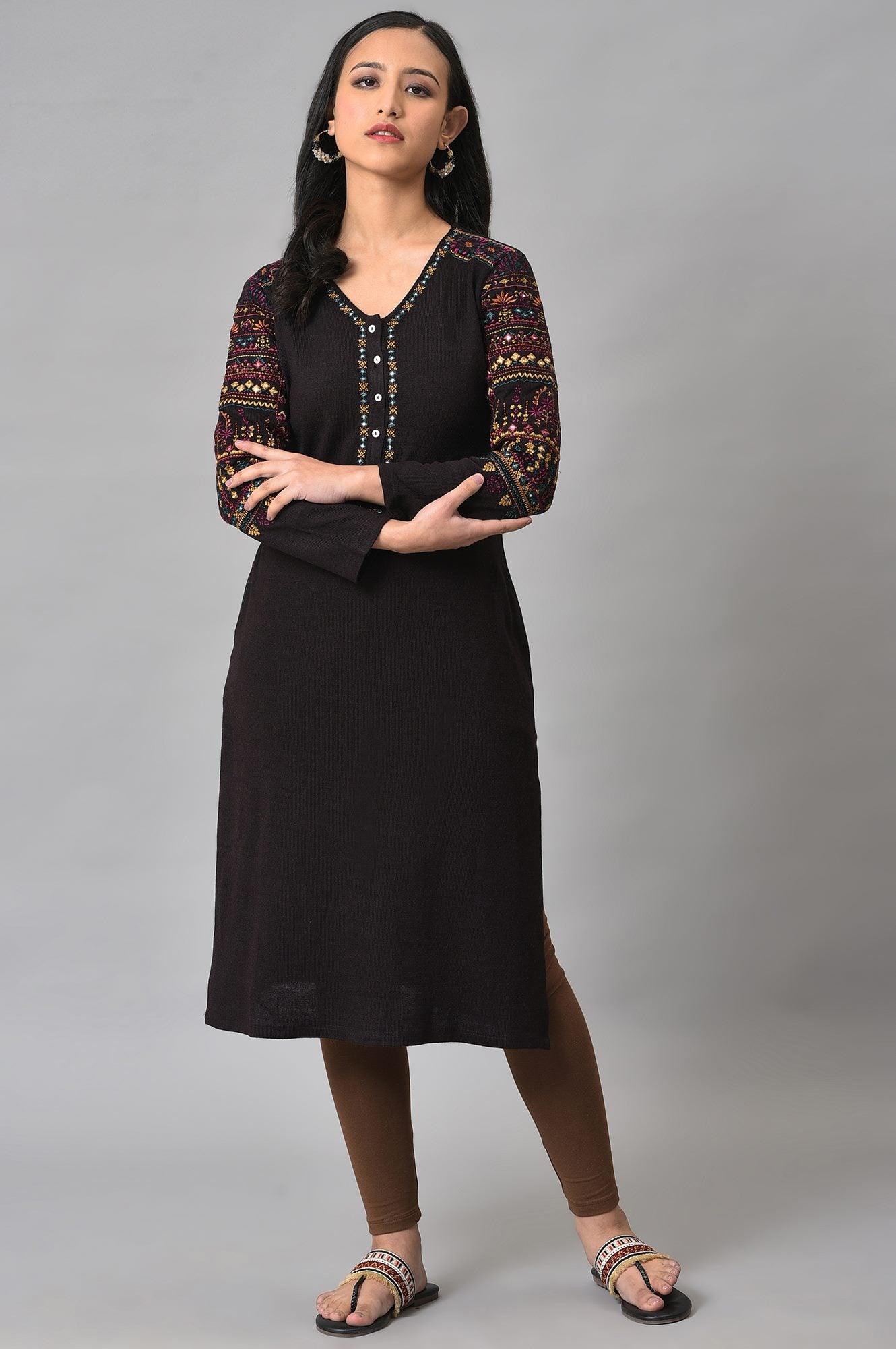 Brown Embroidered Plus Size Winter Kurta - Image 6