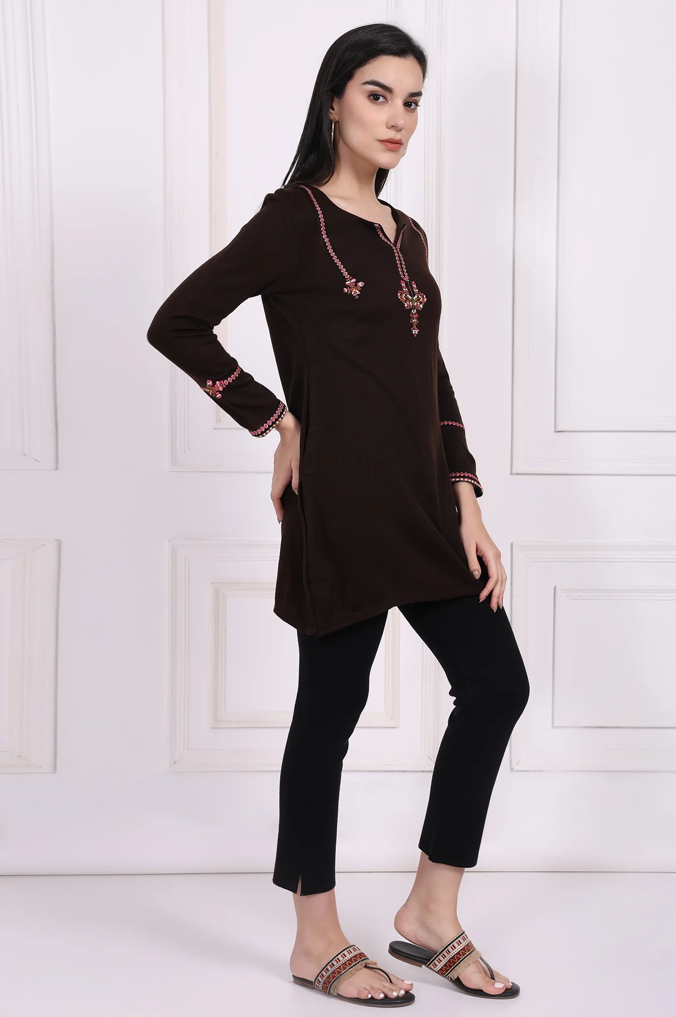 Brown Embroidered Straight Acrylic Tunic - Image 6