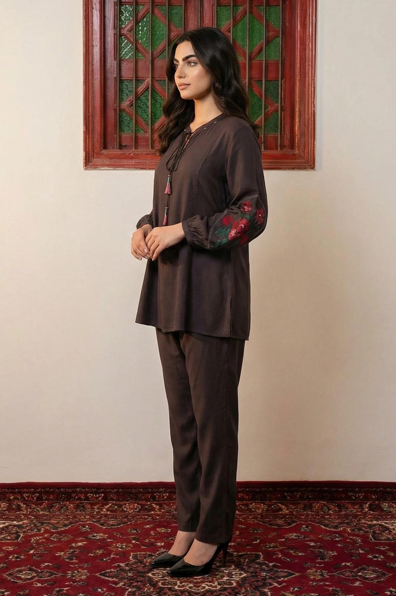 Brown Thread Embroidered Straight Winter Kurta with Pants Co-ord Set - Image 3
