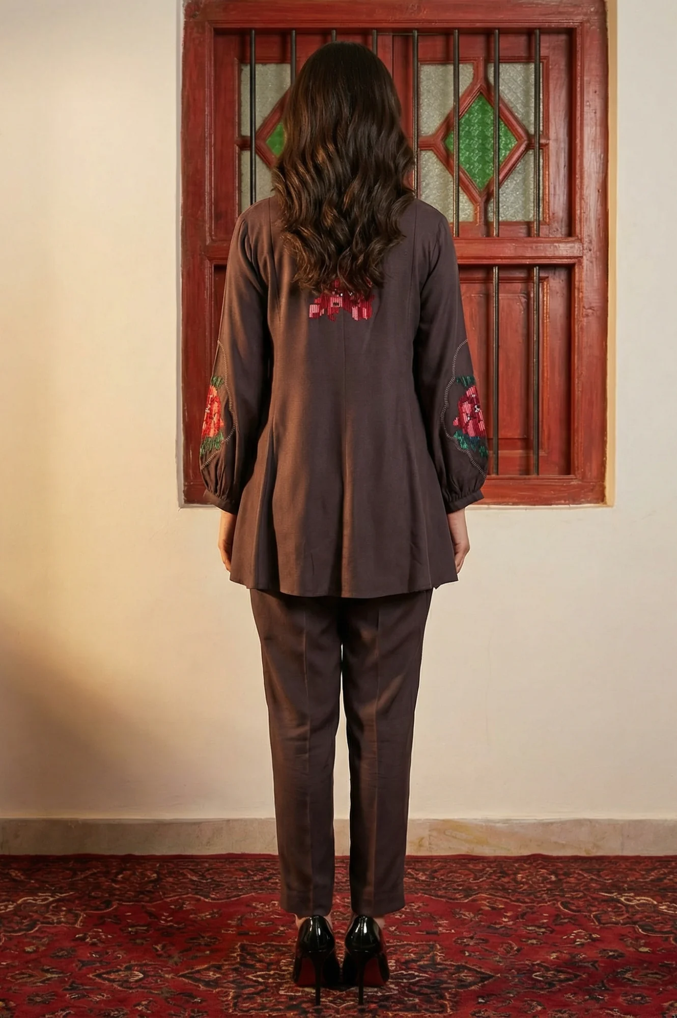 Brown Thread Embroidered Straight Winter Kurta with Pants Co-ord Set - Image 4