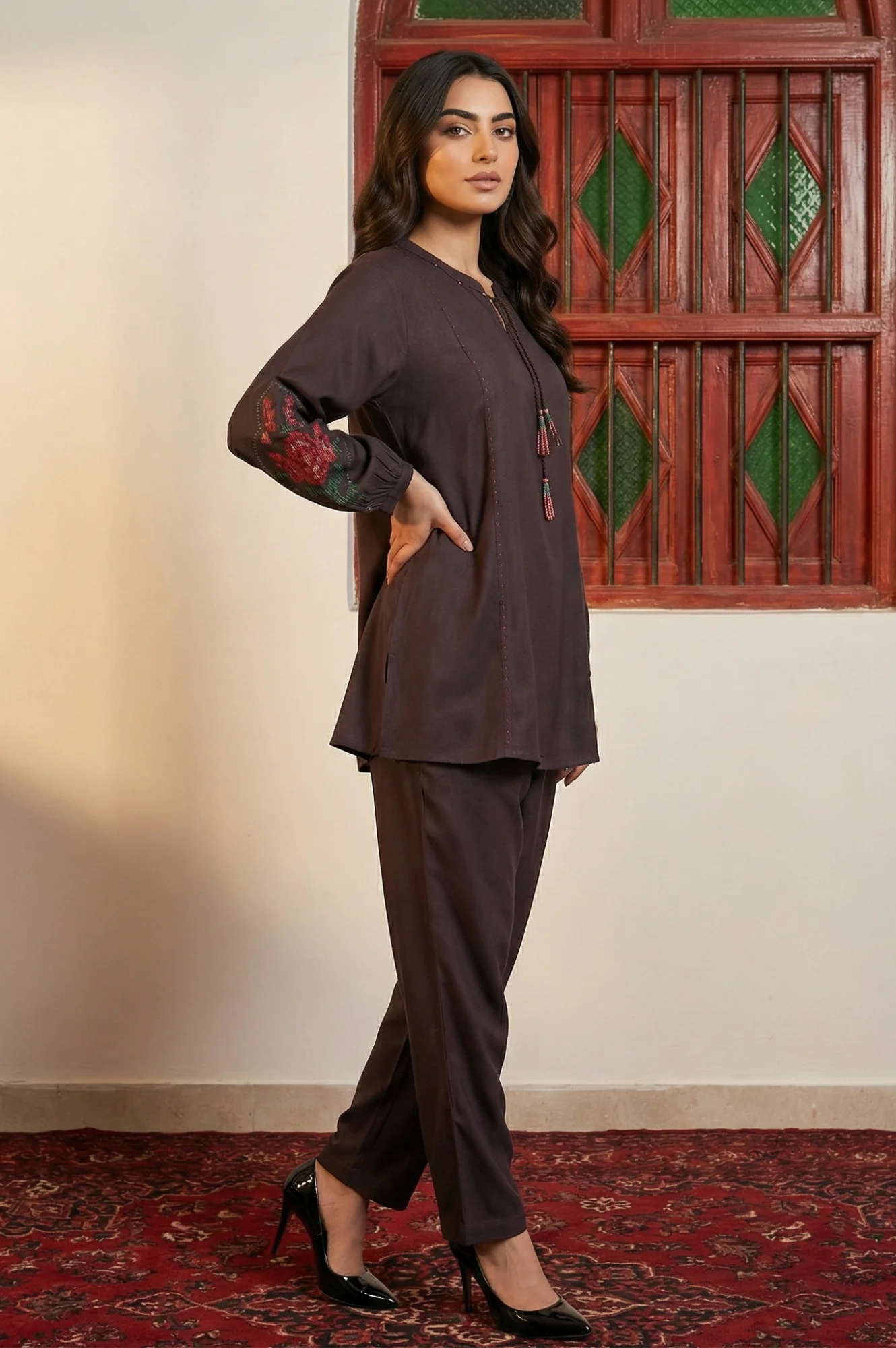Brown Thread Embroidered Straight Winter Kurta with Pants Co-ord Set - Image 5
