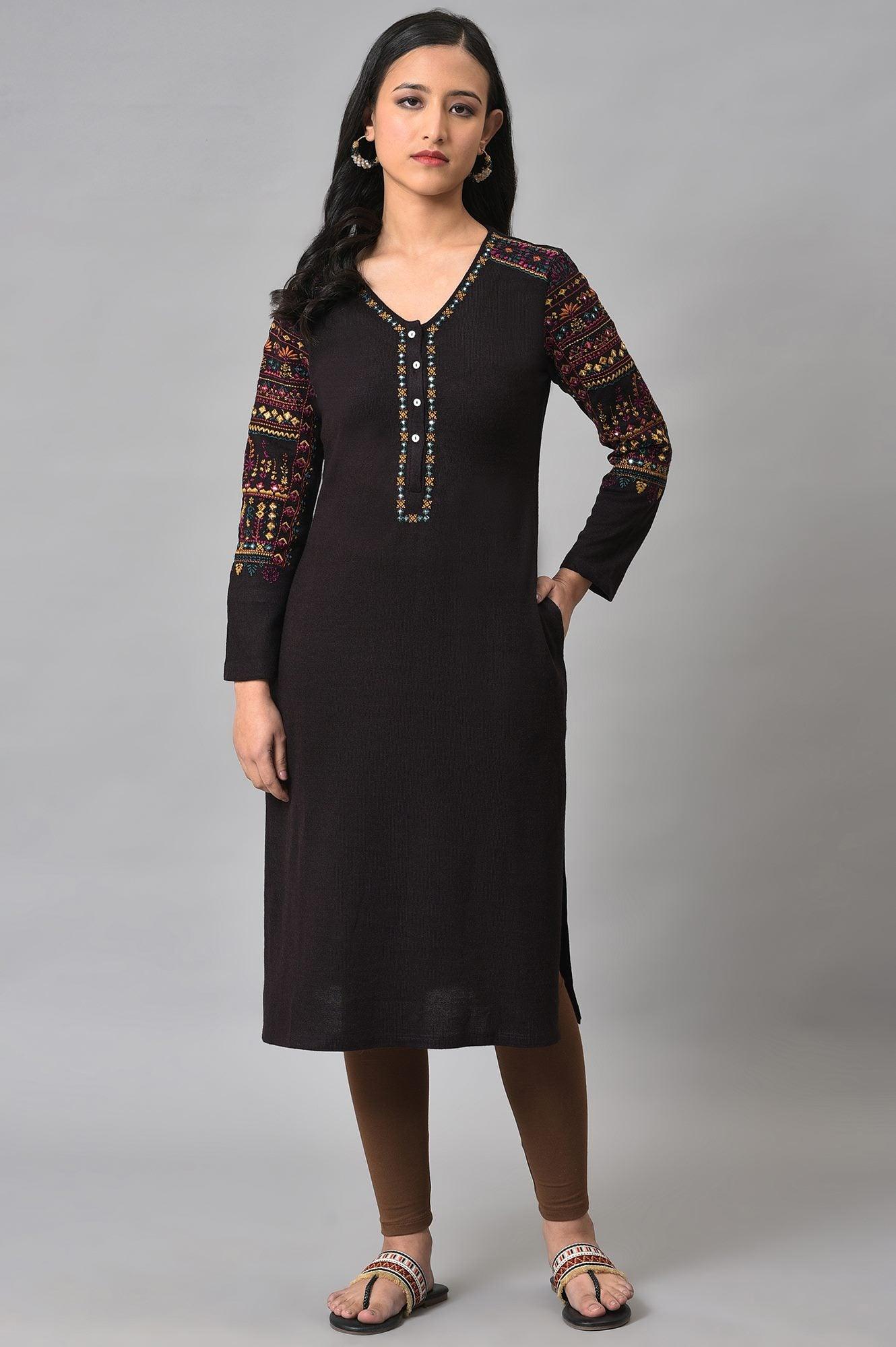 Brown Embroidered Winter kurta