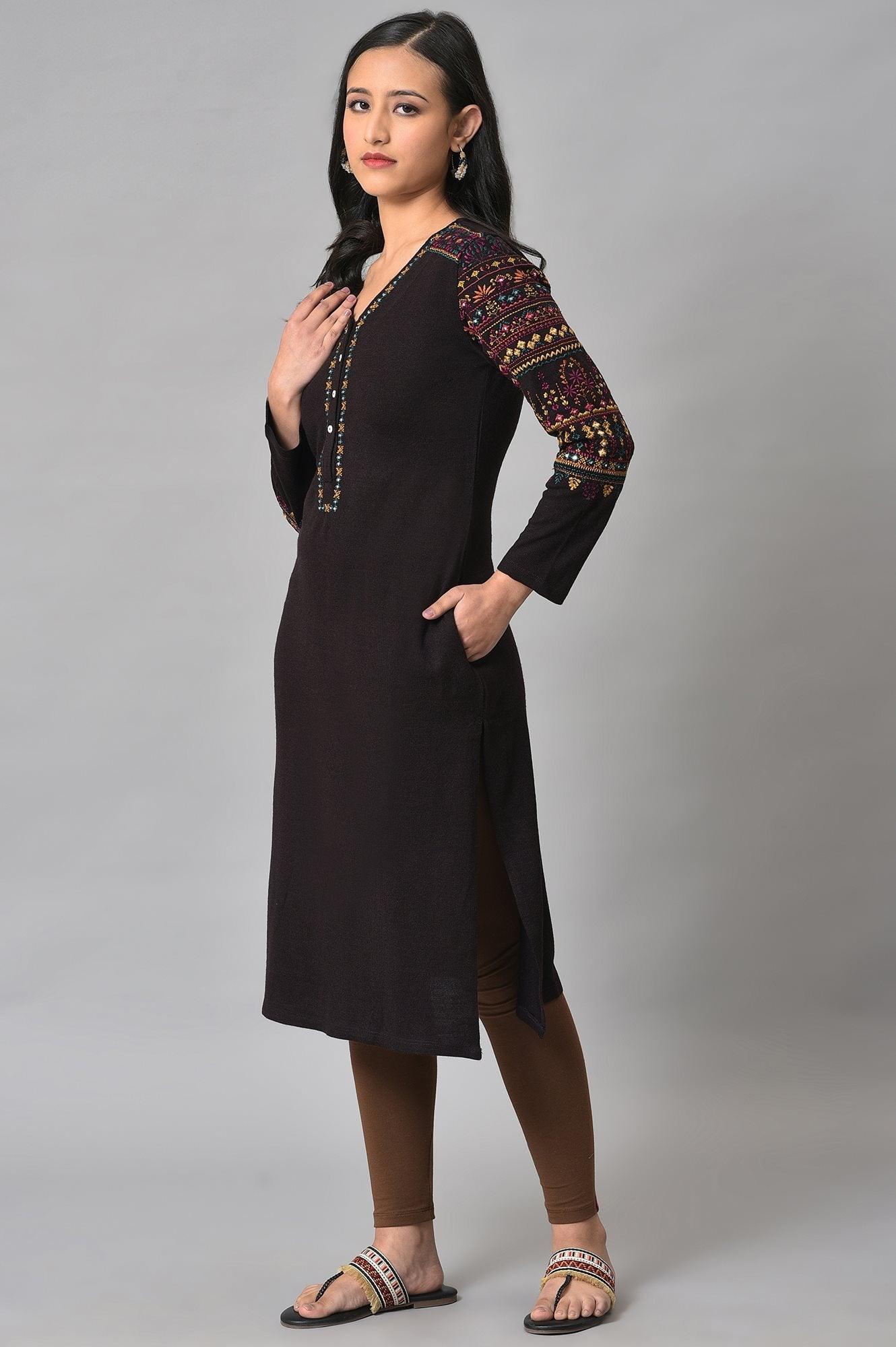 Brown Embroidered Winter kurta - Image 3