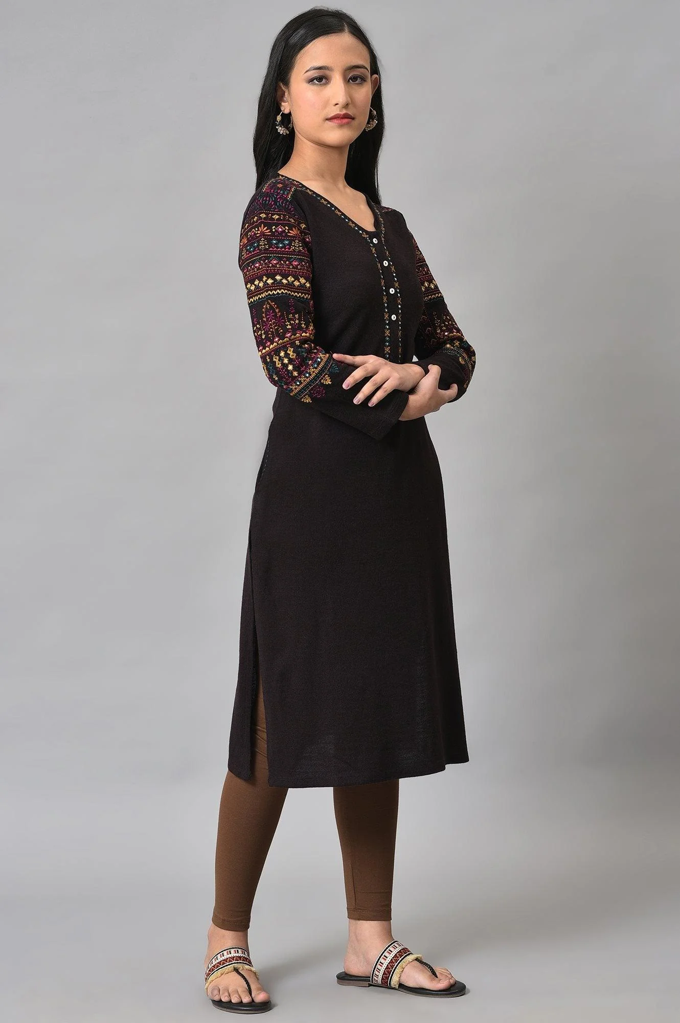 Brown Embroidered Winter kurta - Image 4