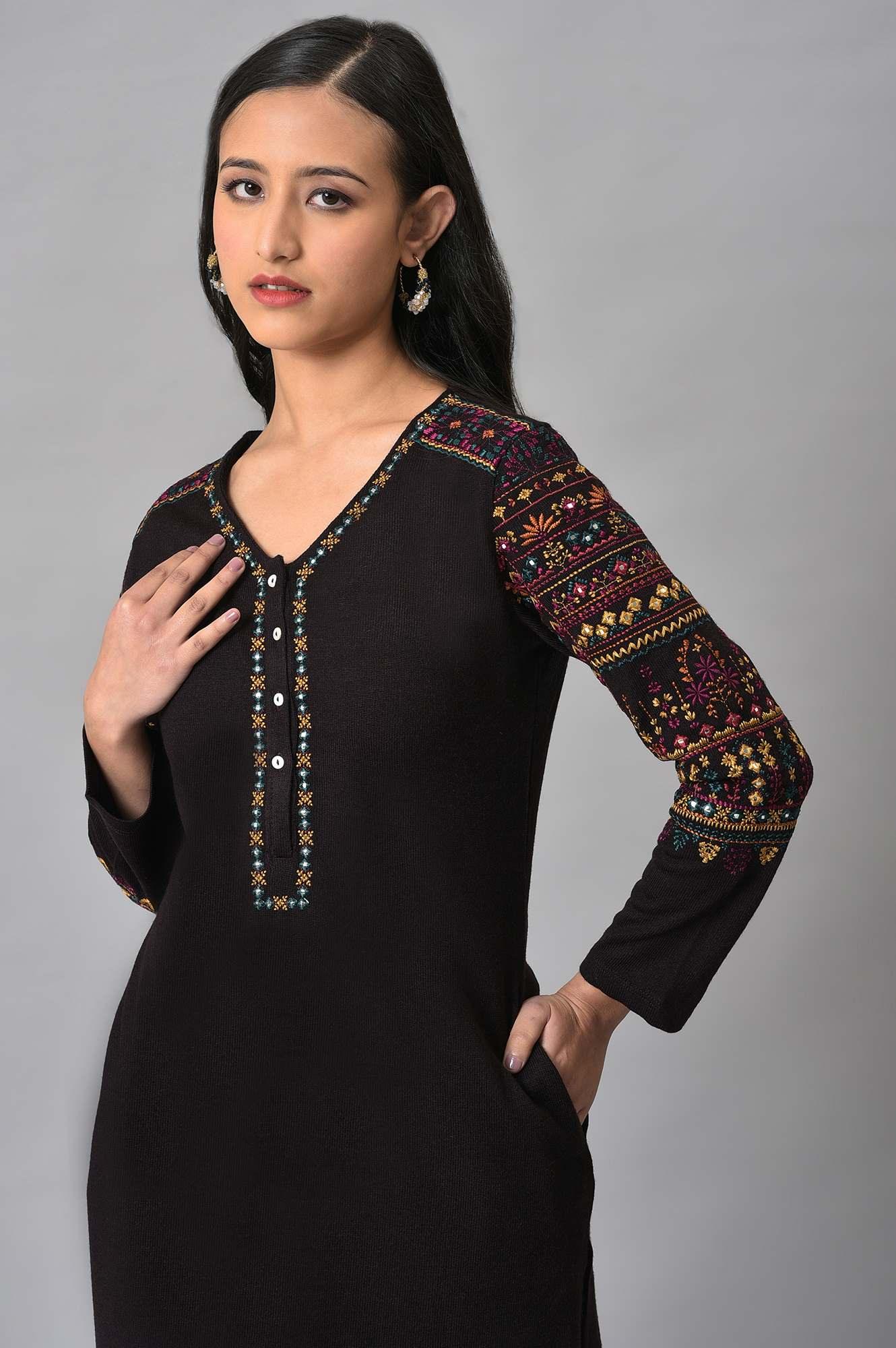 Brown Embroidered Winter kurta - Image 5