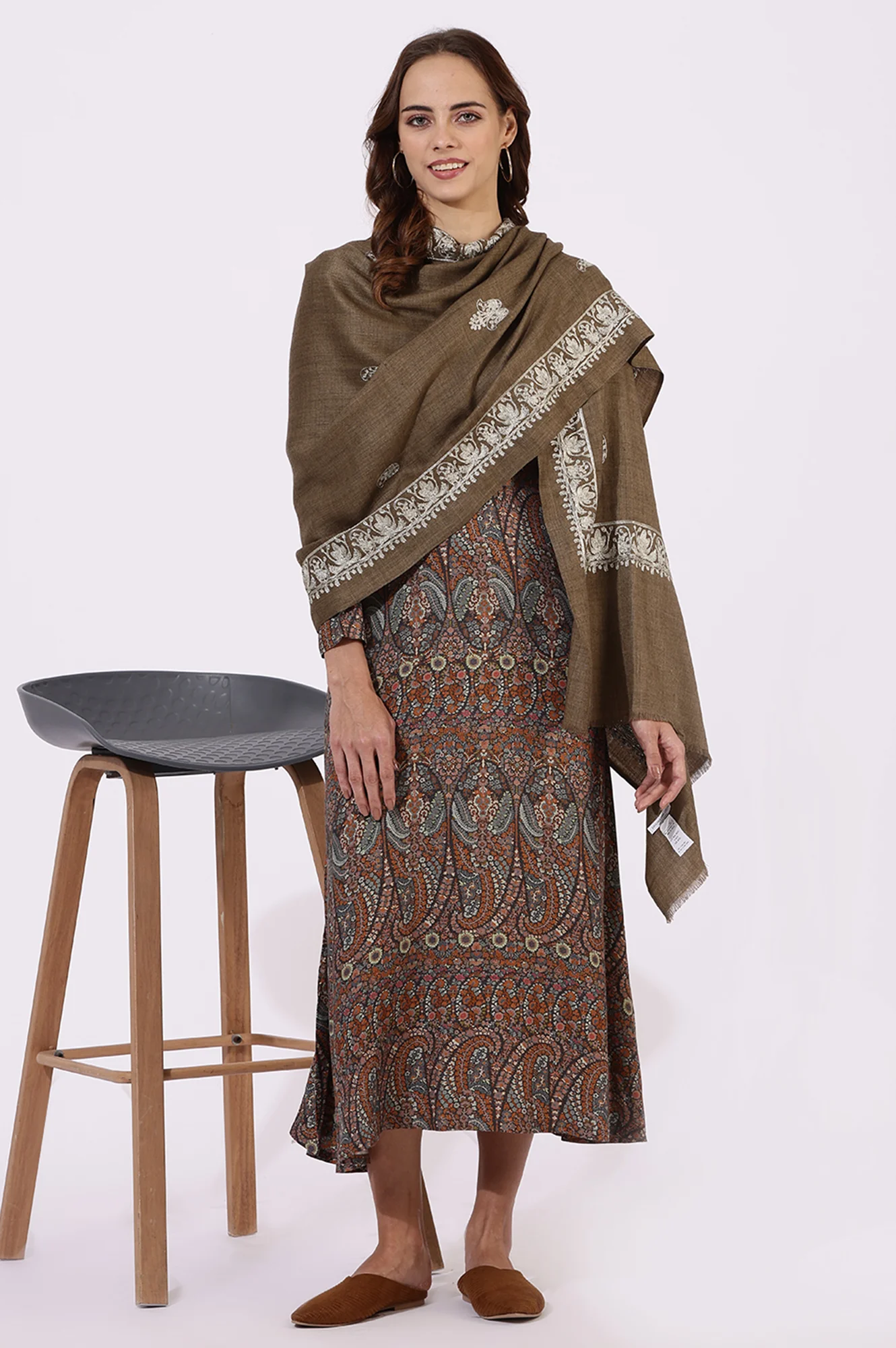 Brown Embroidered Wool Winter Shawls - Image 2