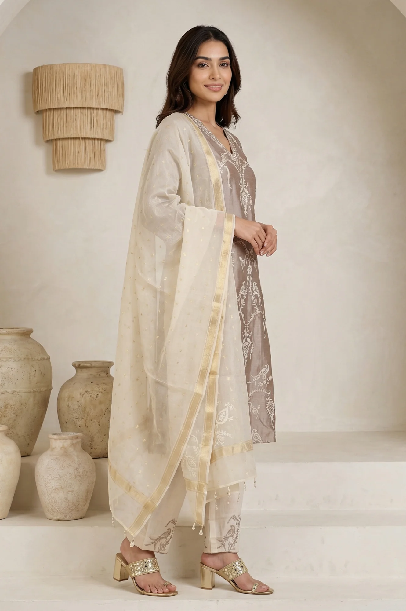 Brown Embroidered Cotton Blend Straight Kurta with Pants and Dupatta Set - Image 5