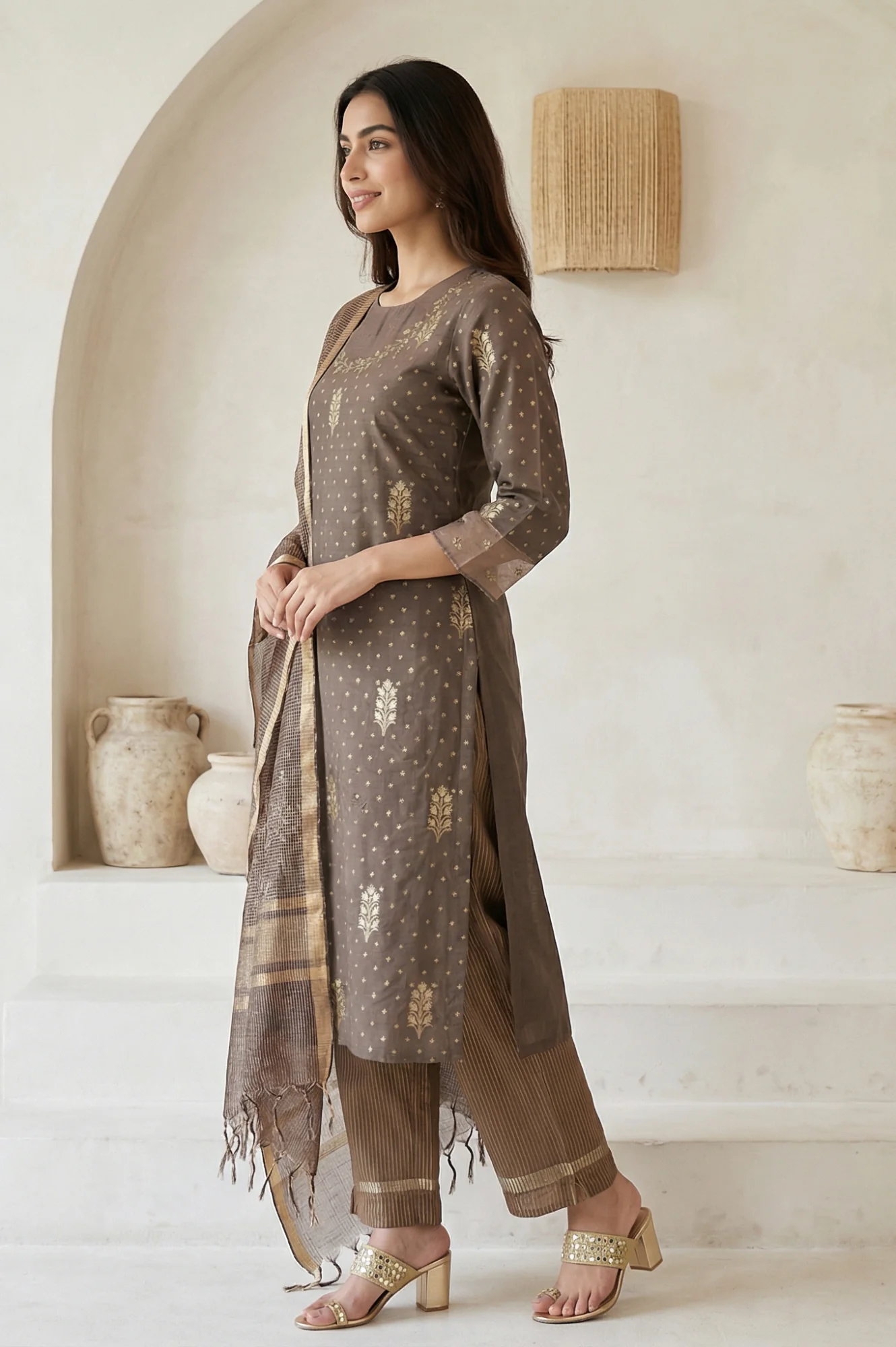 Brown Embroidered Jacquard Straight Kurta with Pants and Dupatta Set - Image 3
